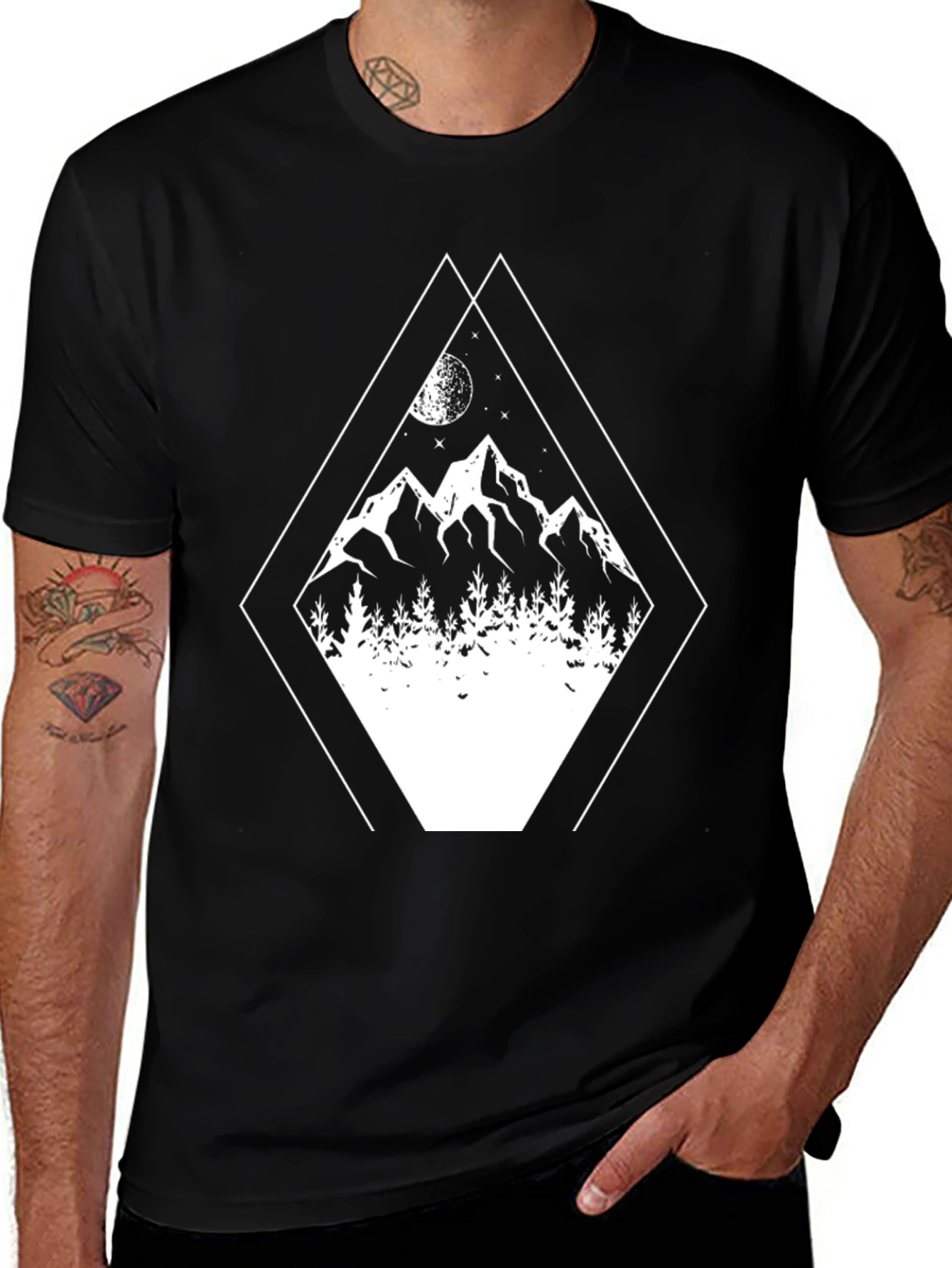 Variant 7 of Geometric Mountain Scene Graphic Tee - Black Cotton Blend