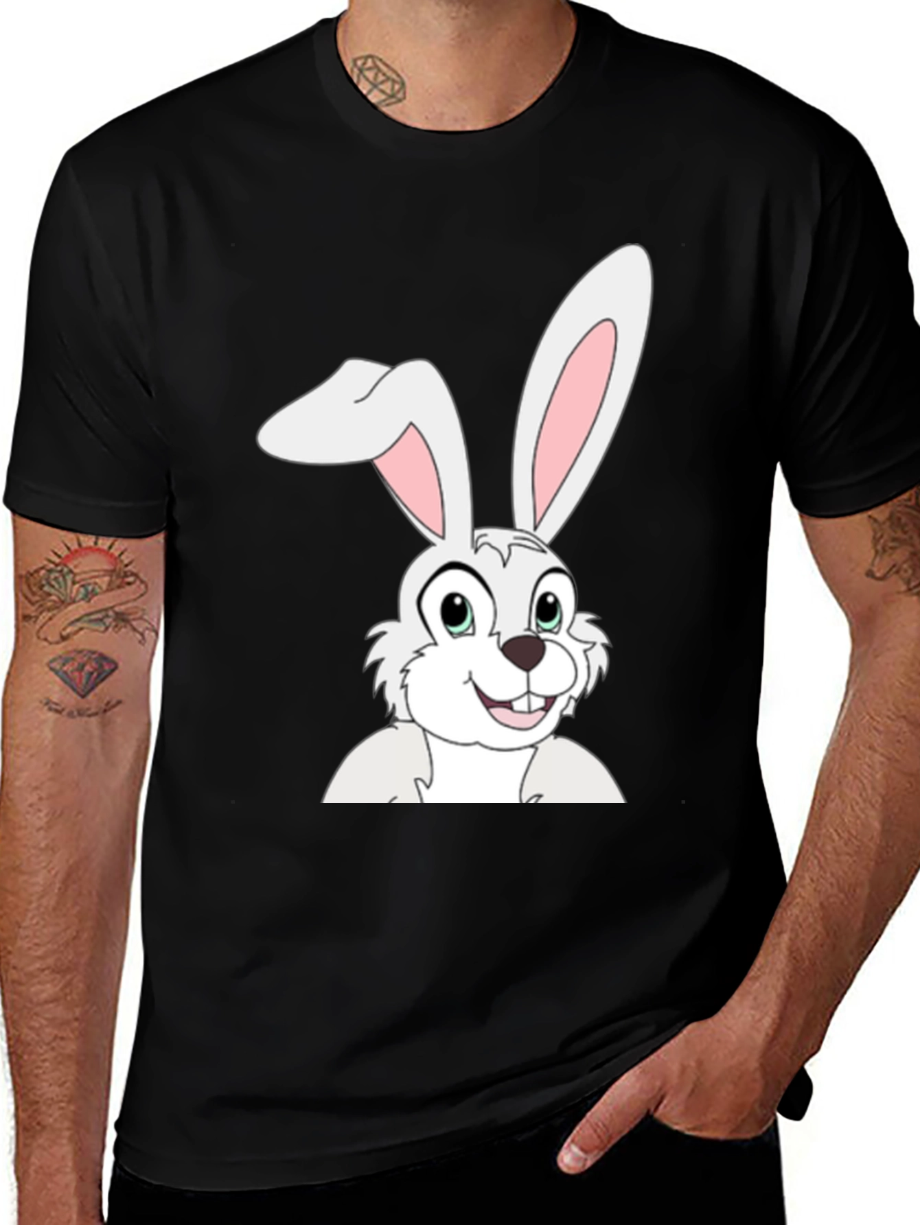 Variant 3 of Cartoon Bunny Graphic Tee - Black Cotton T-Shirt