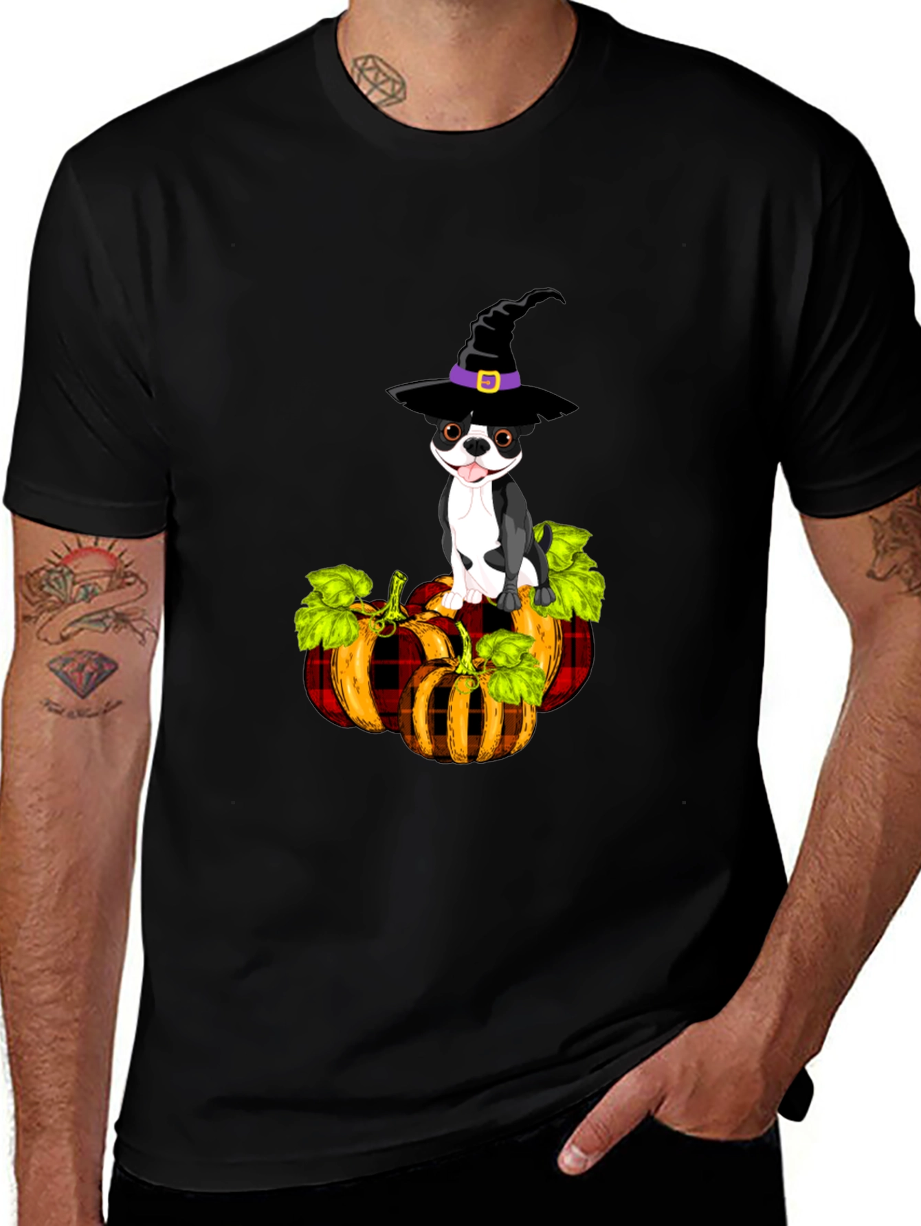 Dog Halloween Witch Hat on Pumpkins Black T-Shirt