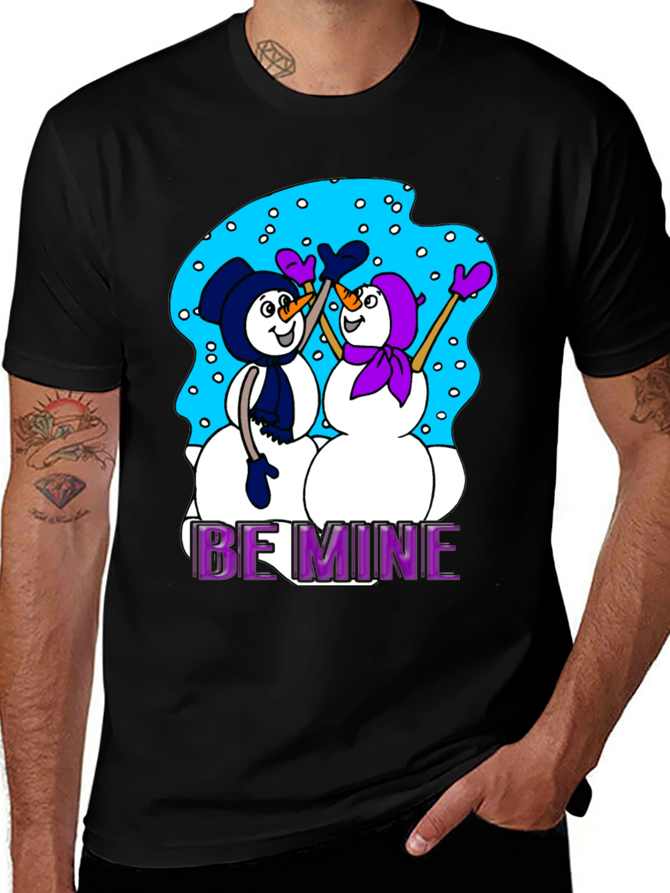 Black Snowman T-Shirt: "Be Mine" Valentine's Day Black Tee main image