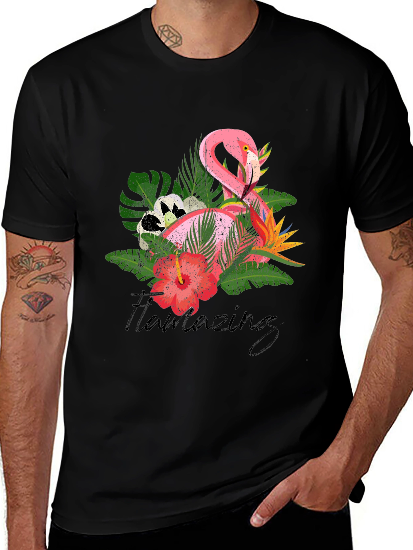 Flamingo Floral Graphic Tee - 'Flamazing' Black T-Shirt