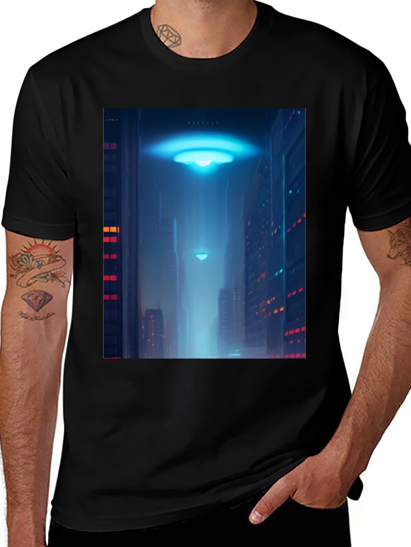 Variant 9 of Cyberpunk UFO T-Shirt - Sci-Fi Cityscape Tee