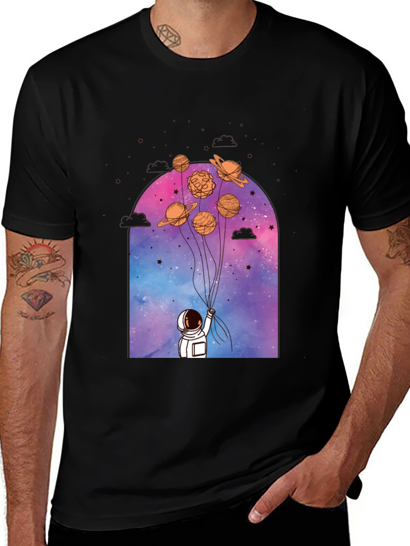 Variant 23 of Astronaut Planet Balloons Graphic Tee - Black