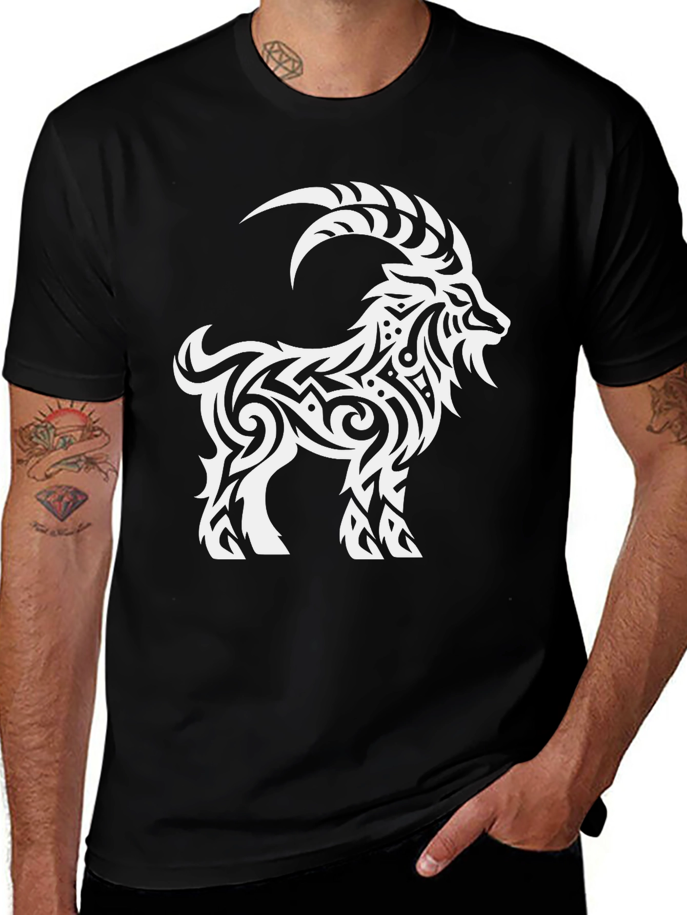 Variant 16 of Tribal Goat Graphic Tee - Black Cotton Shirt