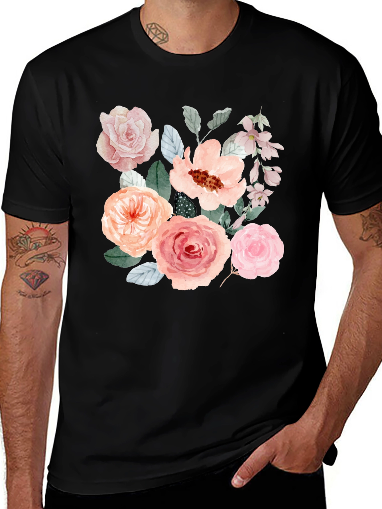 Variant 8 of Floral Watercolor Graphic T-Shirt - Black