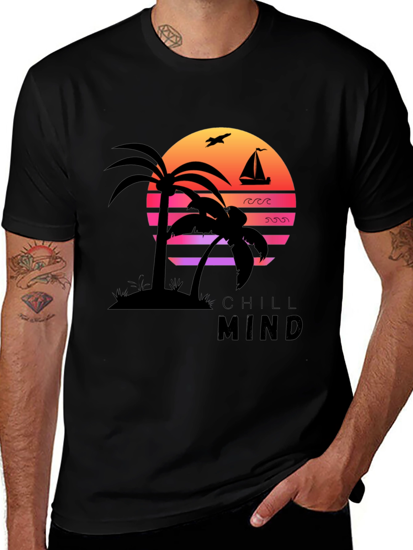 Variant 21 of Chill Mind Palm Sunset Black T-Shirt