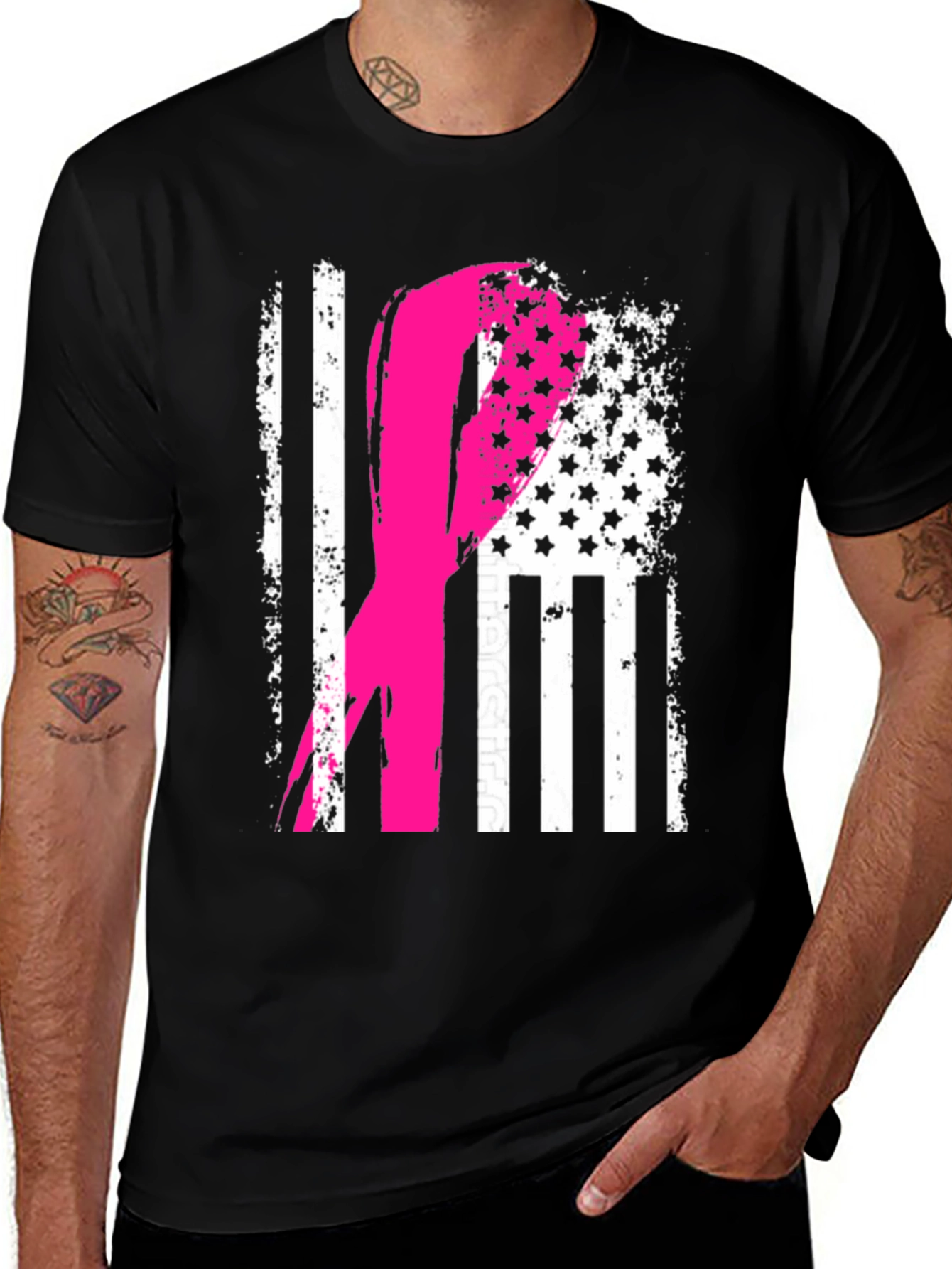 Variant 12 of Breast Cancer Awareness American Flag Ribbon Tee