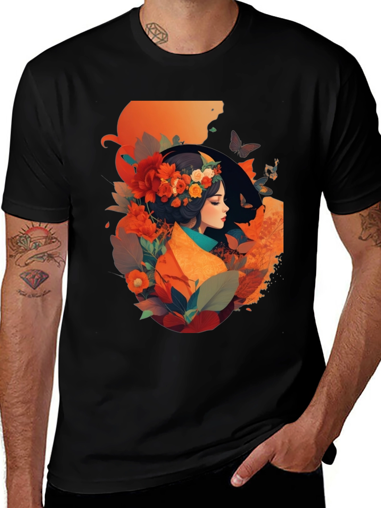 Variant 13 of Floral Woman Graphic Tee - Stylish Black T-Shirt