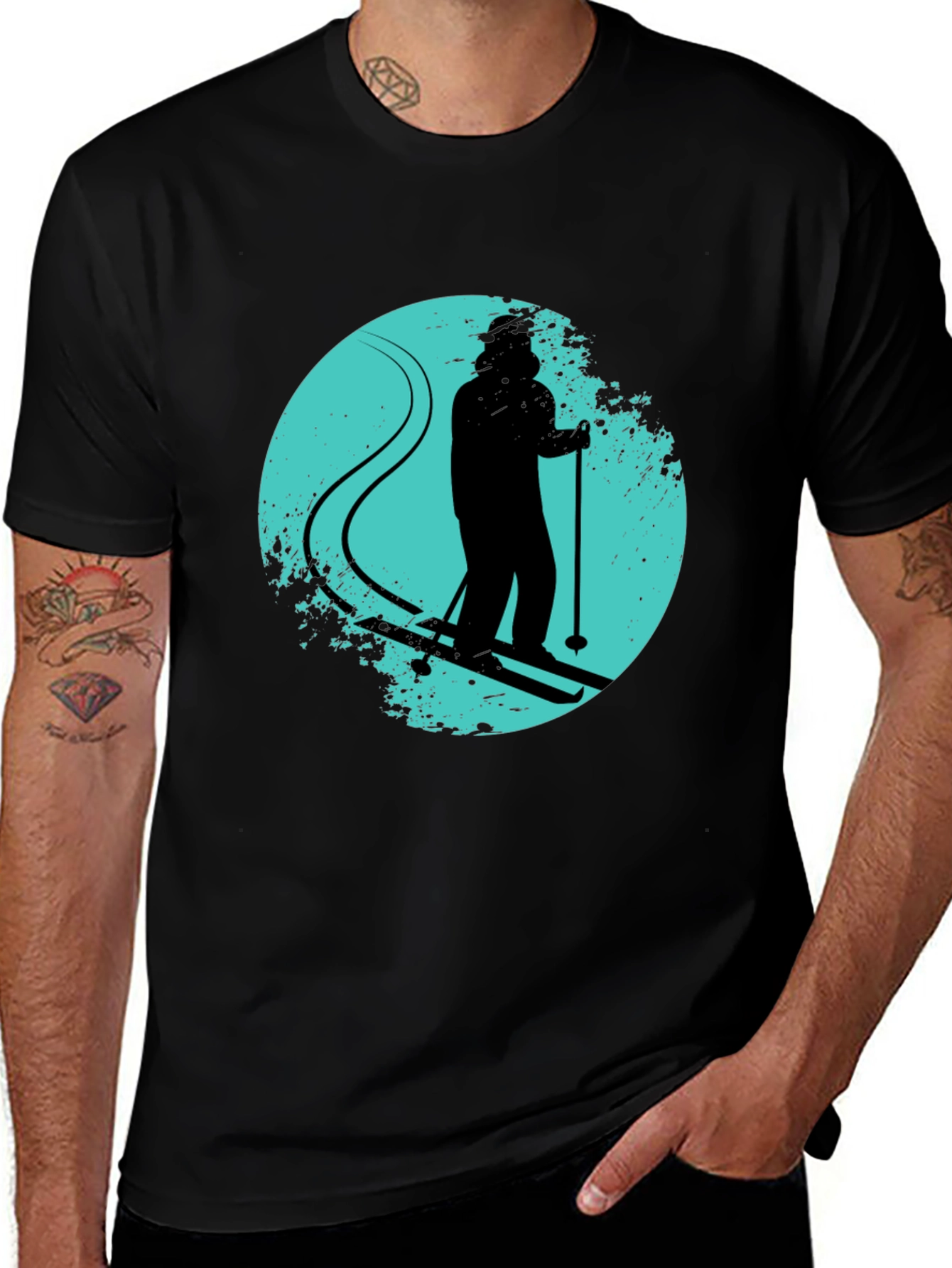 Variant 14 of Skiing Silhouette Graphic Tee - Black Crew Neck