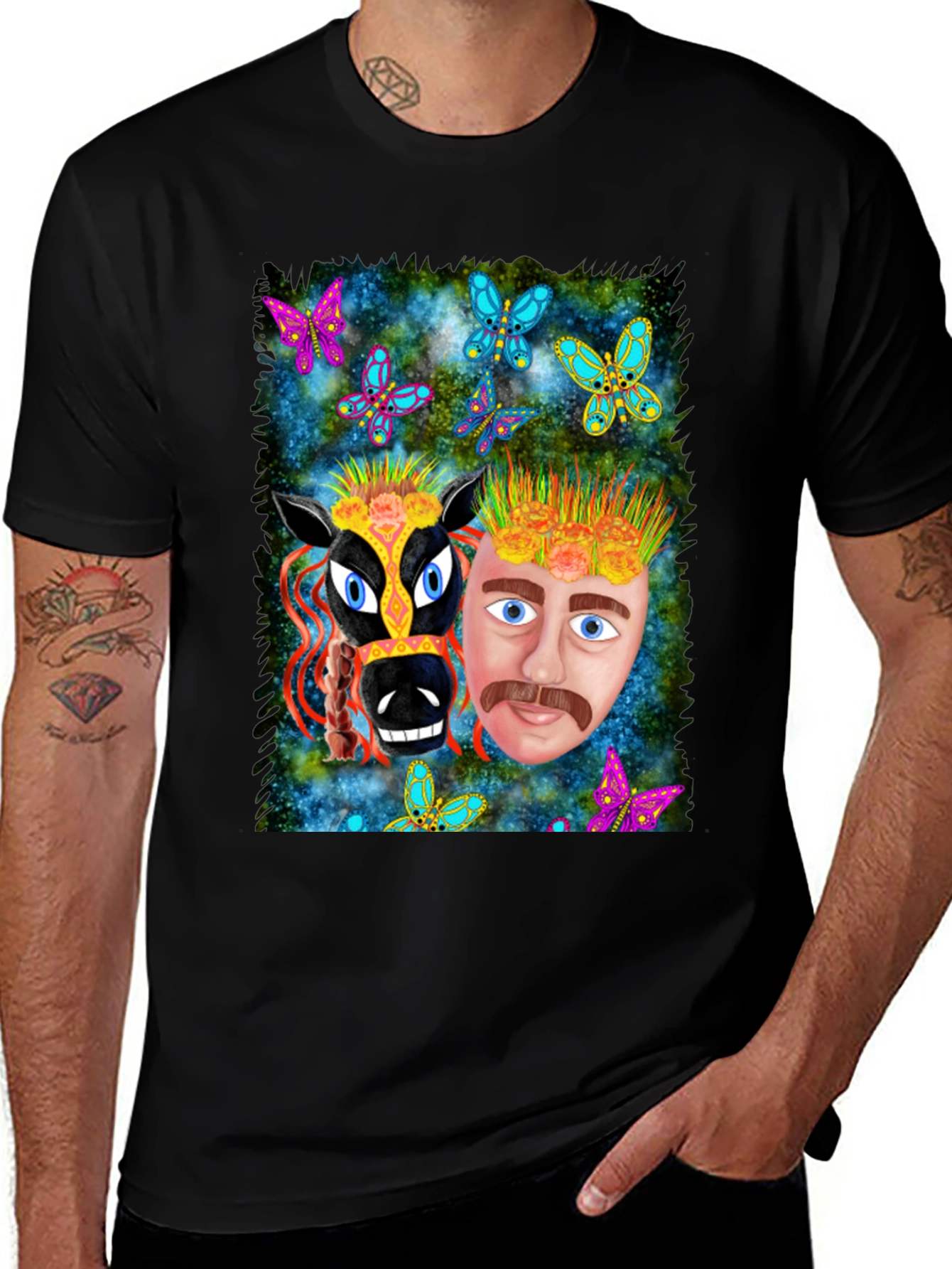 Variant 25 of Whimsical Black T-Shirt with Colorful Horse and Man Design