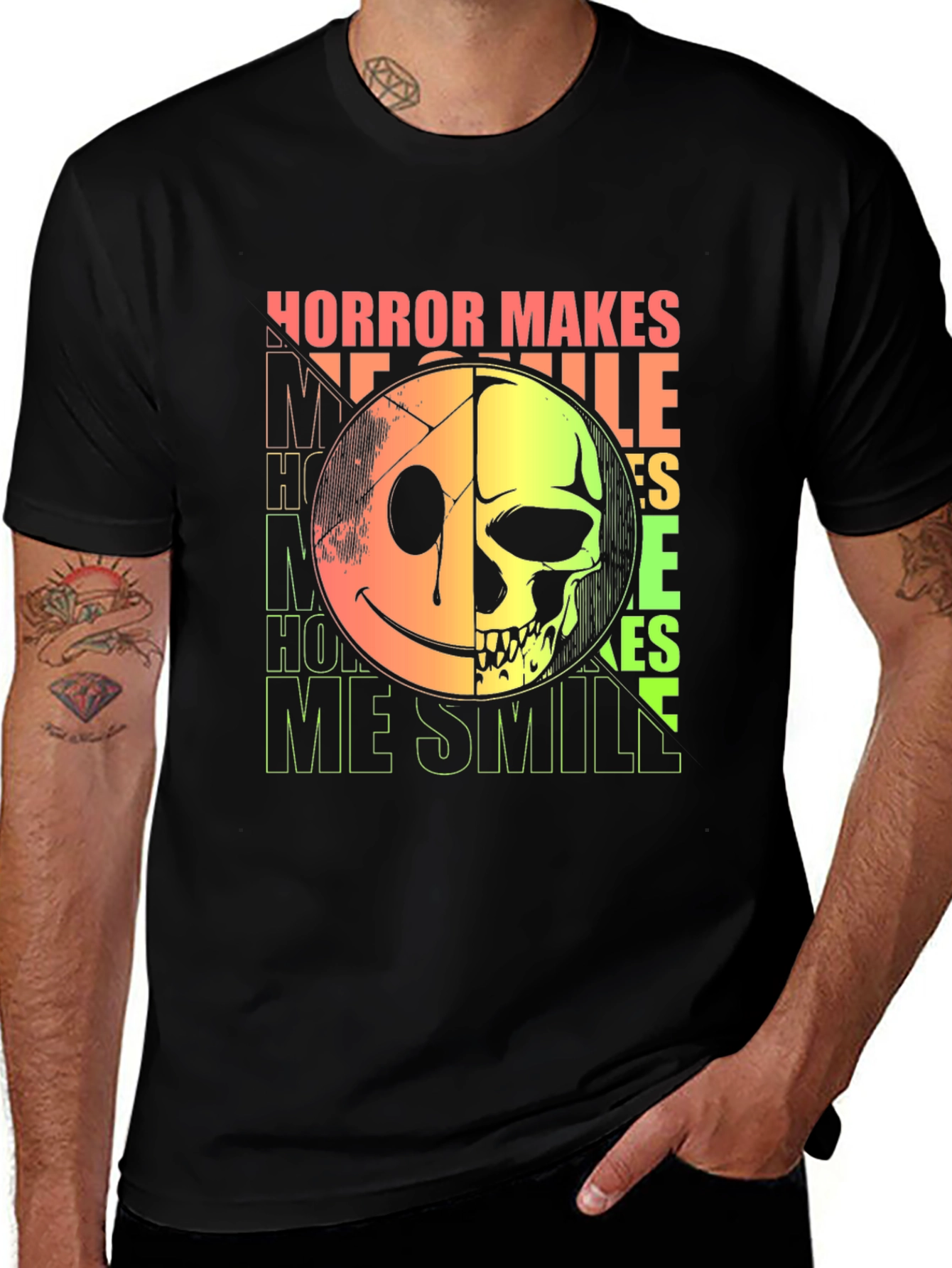 Variant 19 of Horror Makes Me Smile Graphic Tee - Half Skull Half Smiley