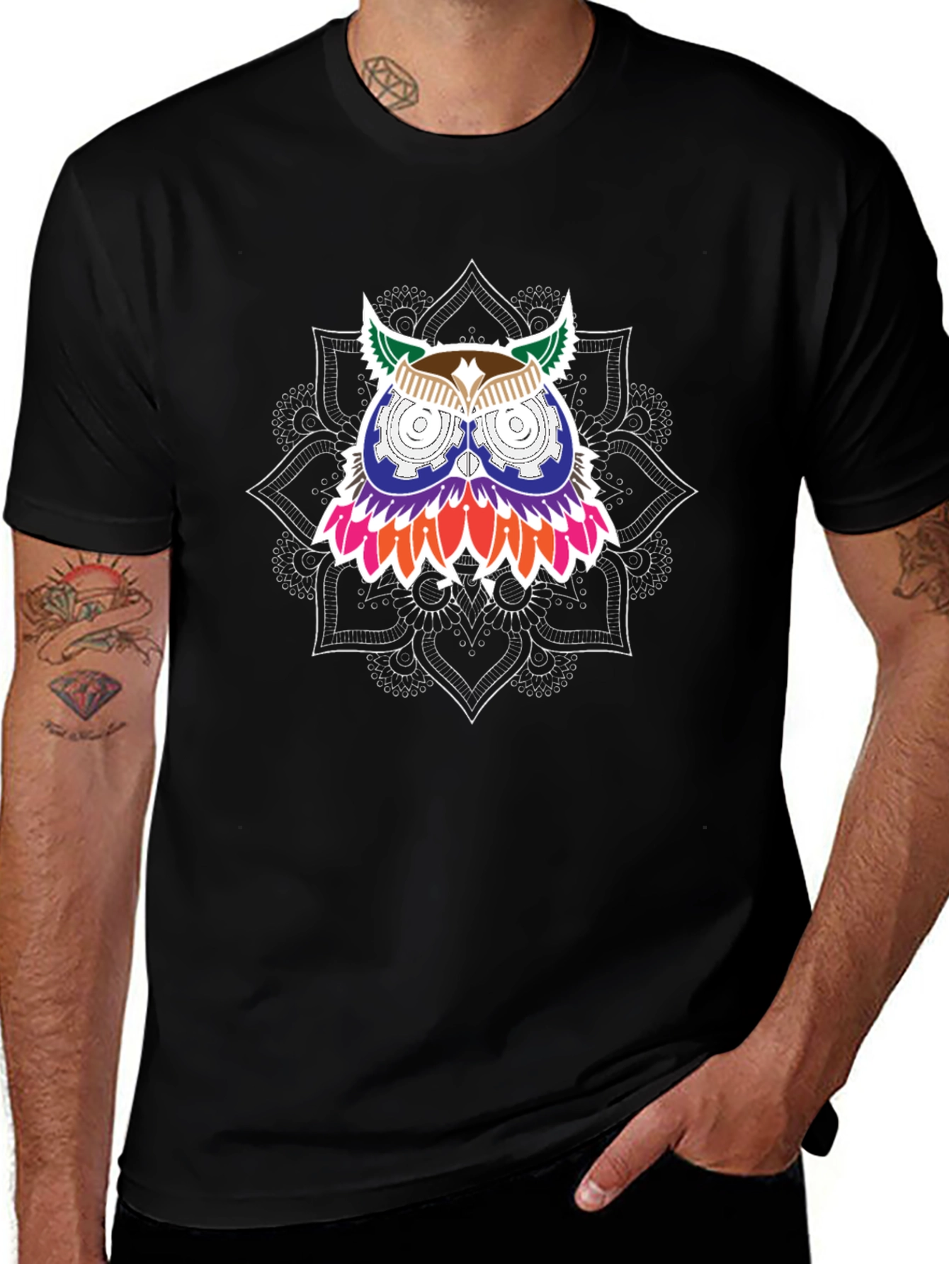 Variant 17 of Owl Mandala Graphic Tee - Black Cotton T-Shirt