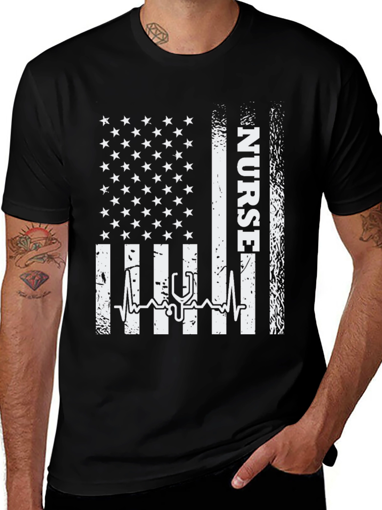 Variant 20 of Nurse American Flag Graphic Tee - Black