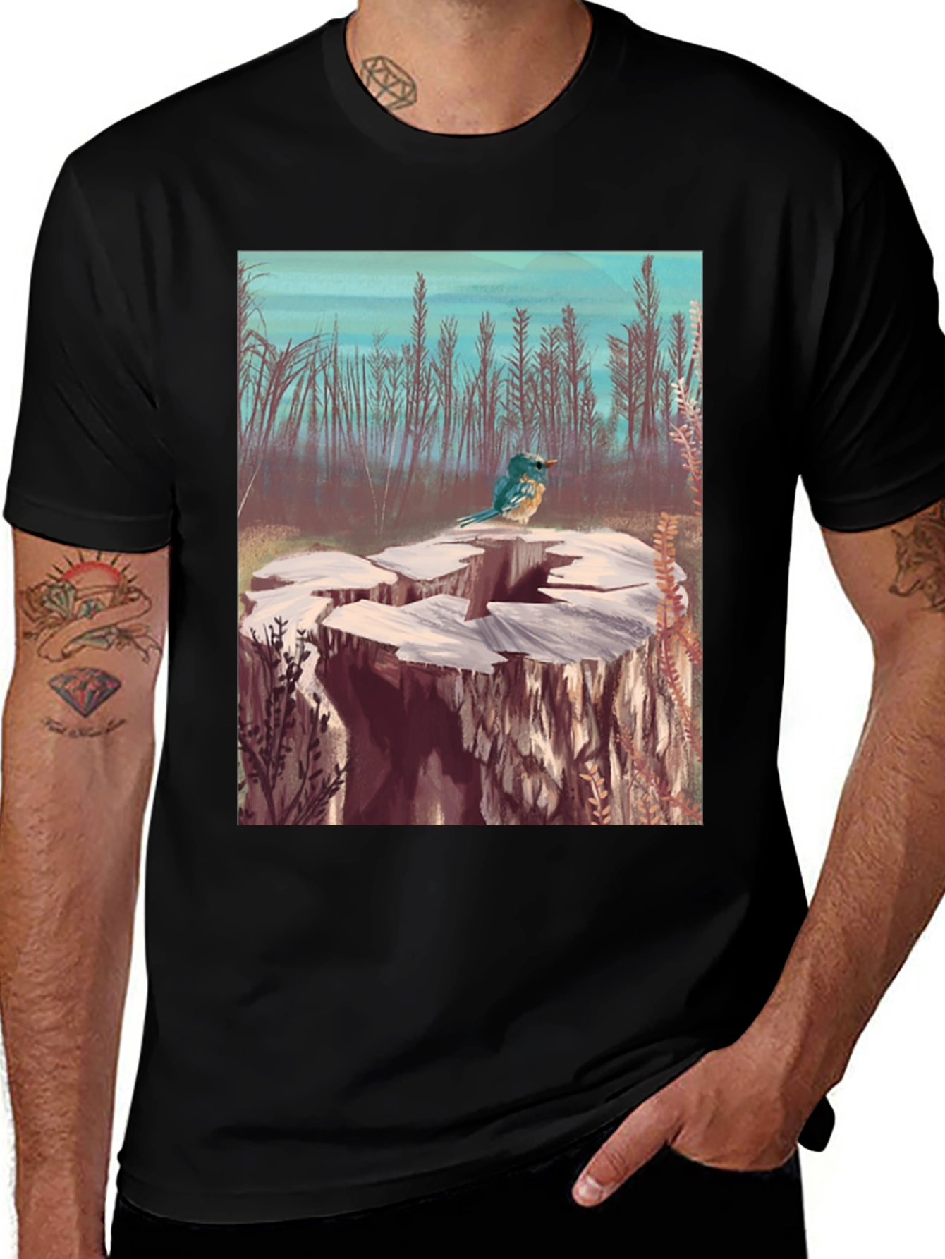 Variant 29 of Bird on Stump Graphic Tee - Black