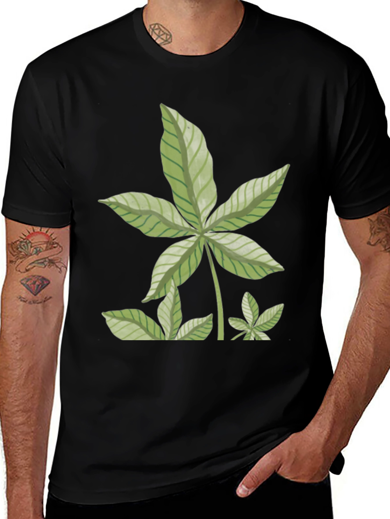 Leaf Print Black T-Shirt
