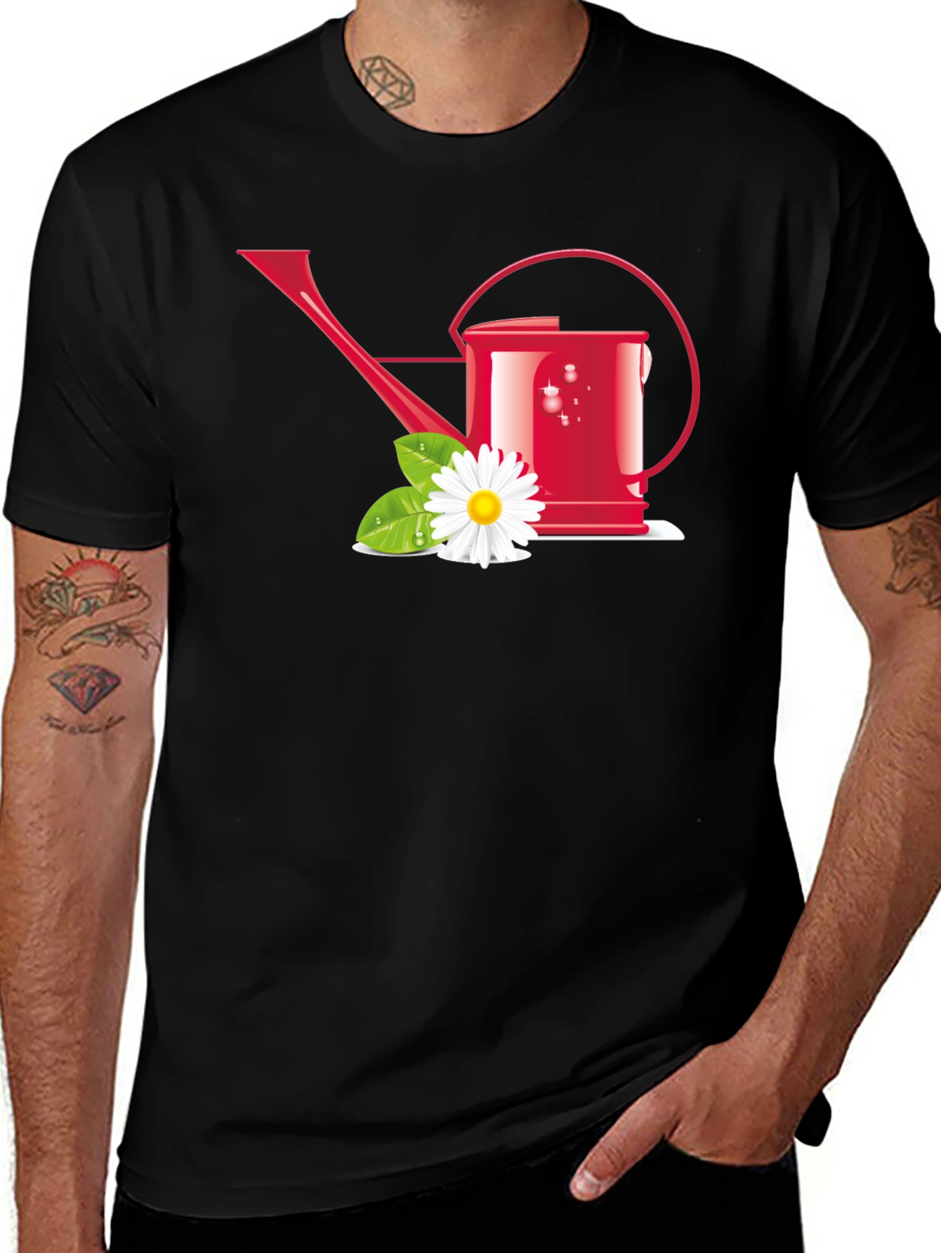 Variant 21 of Gardening Lover T-Shirt: Red Watering Can & Daisy Design