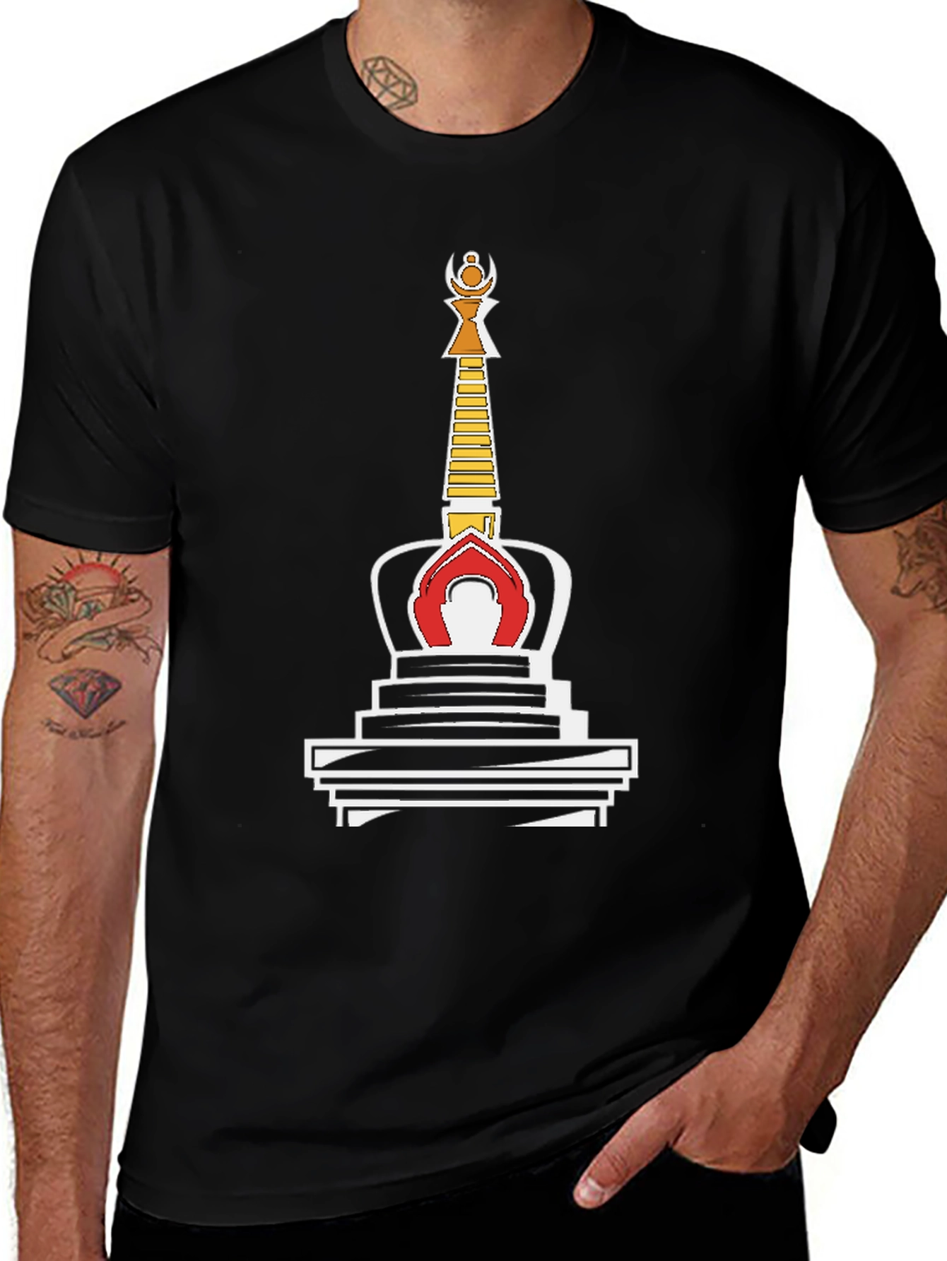 Variant 14 of Black T-Shirt with Buddhist Stupa Graphic Tee