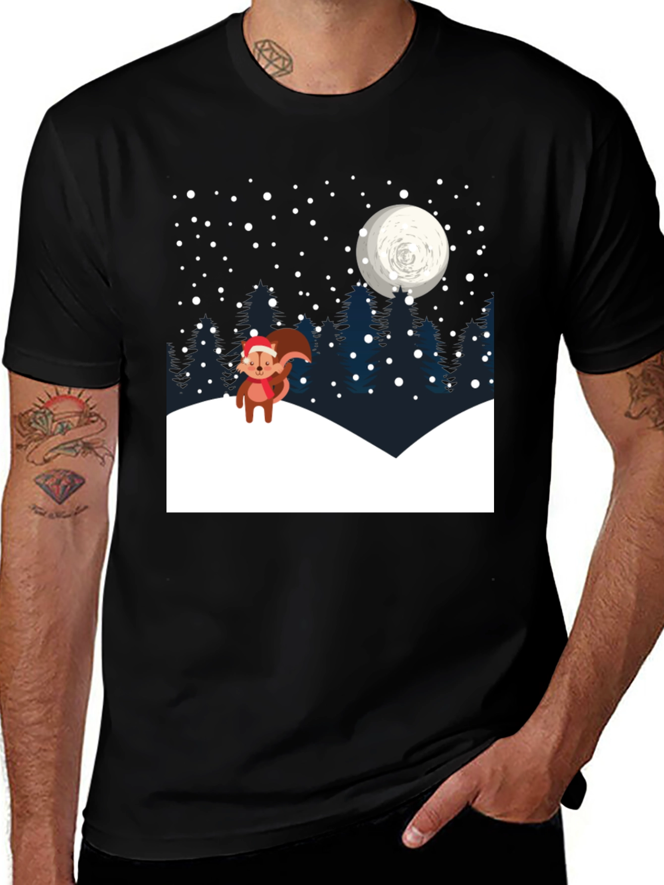 Winter Squirrel T-Shirt: Holiday Night Scene Graphic Tee