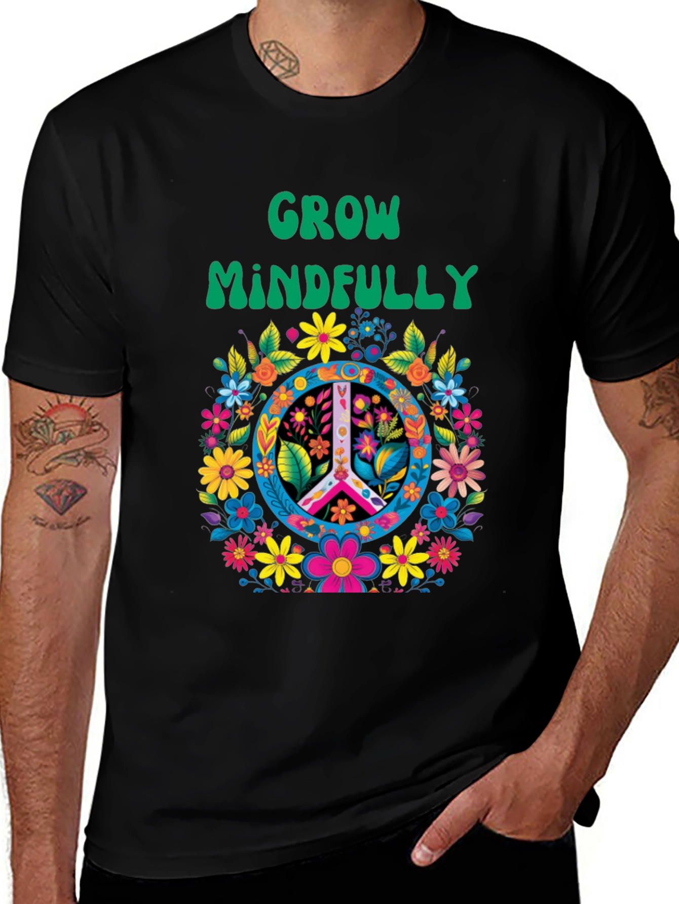 Variant 23 of Grow Mindfully T-Shirt, Floral Peace Sign