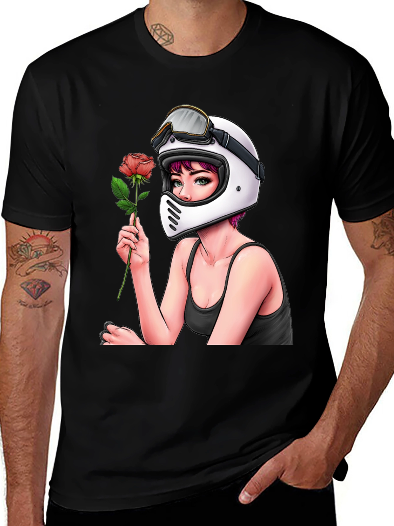 Variant 17 of Biker Girl with Rose Black T-Shirt