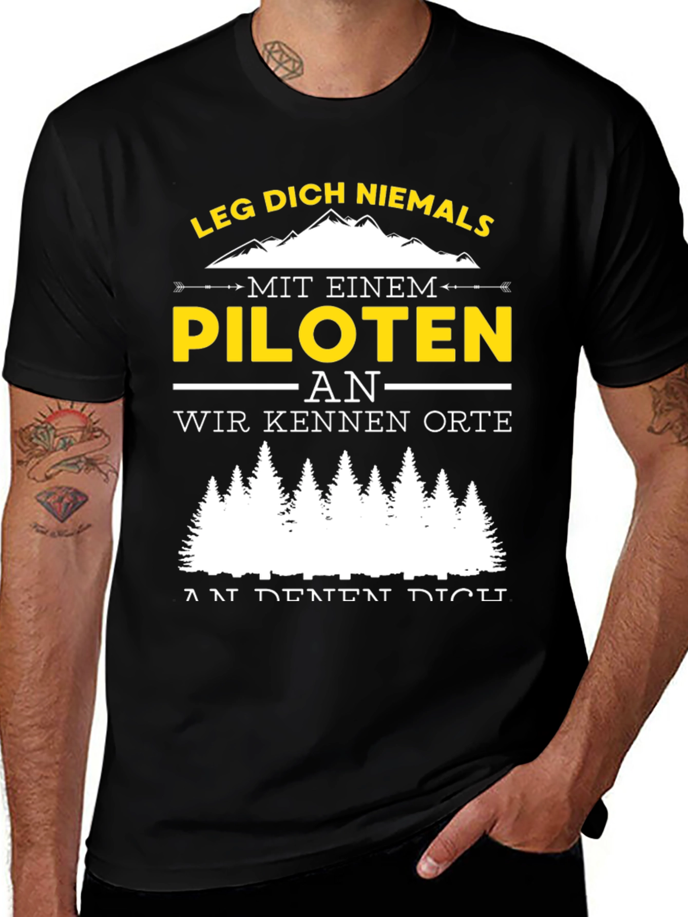 Black Pilot Humor Graphic T-Shirt - "Leg Dich Niemals..." main image