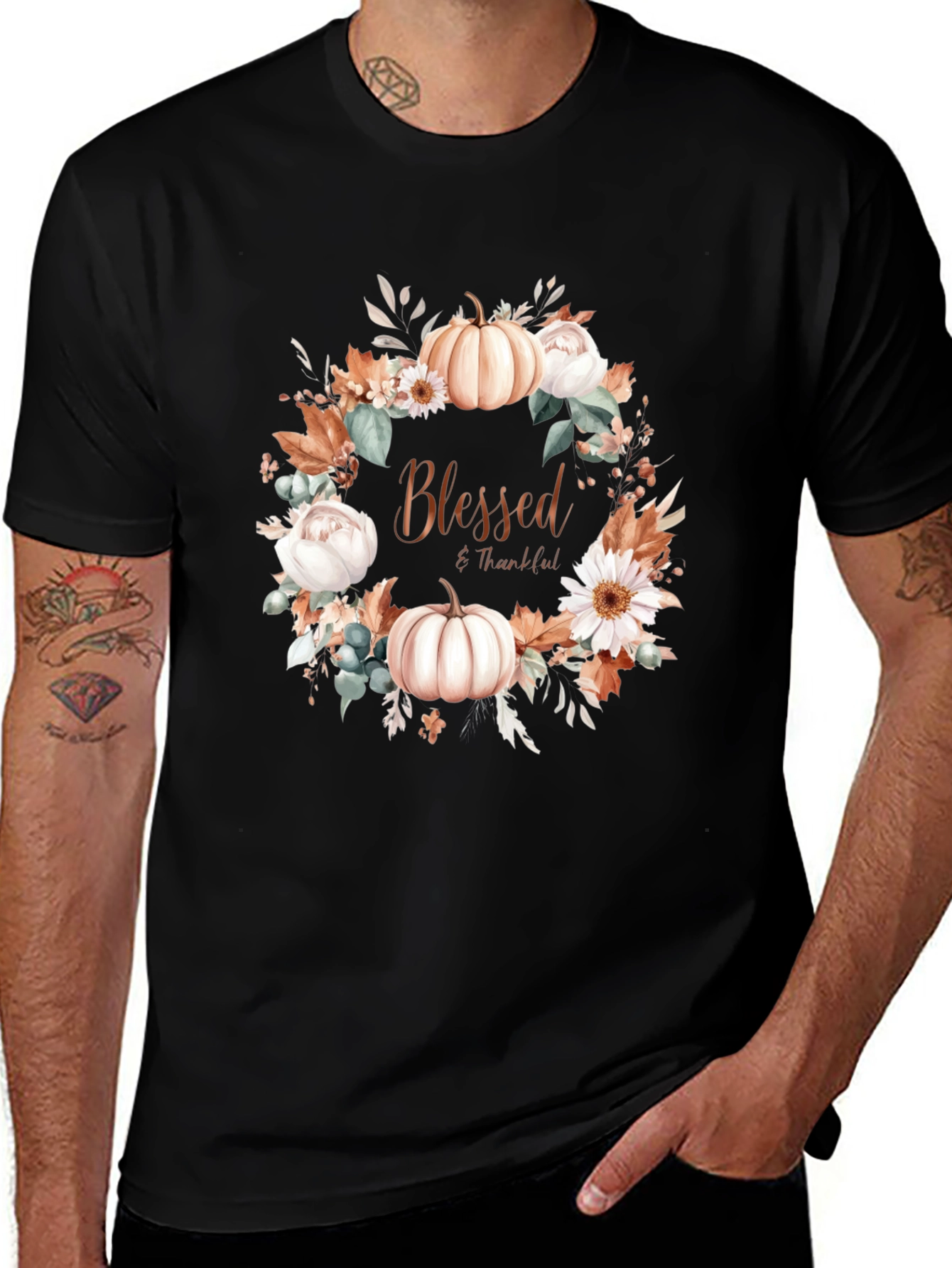 Variant 18 of Blessed & Thankful Pumpkin Floral Wreath T-Shirt