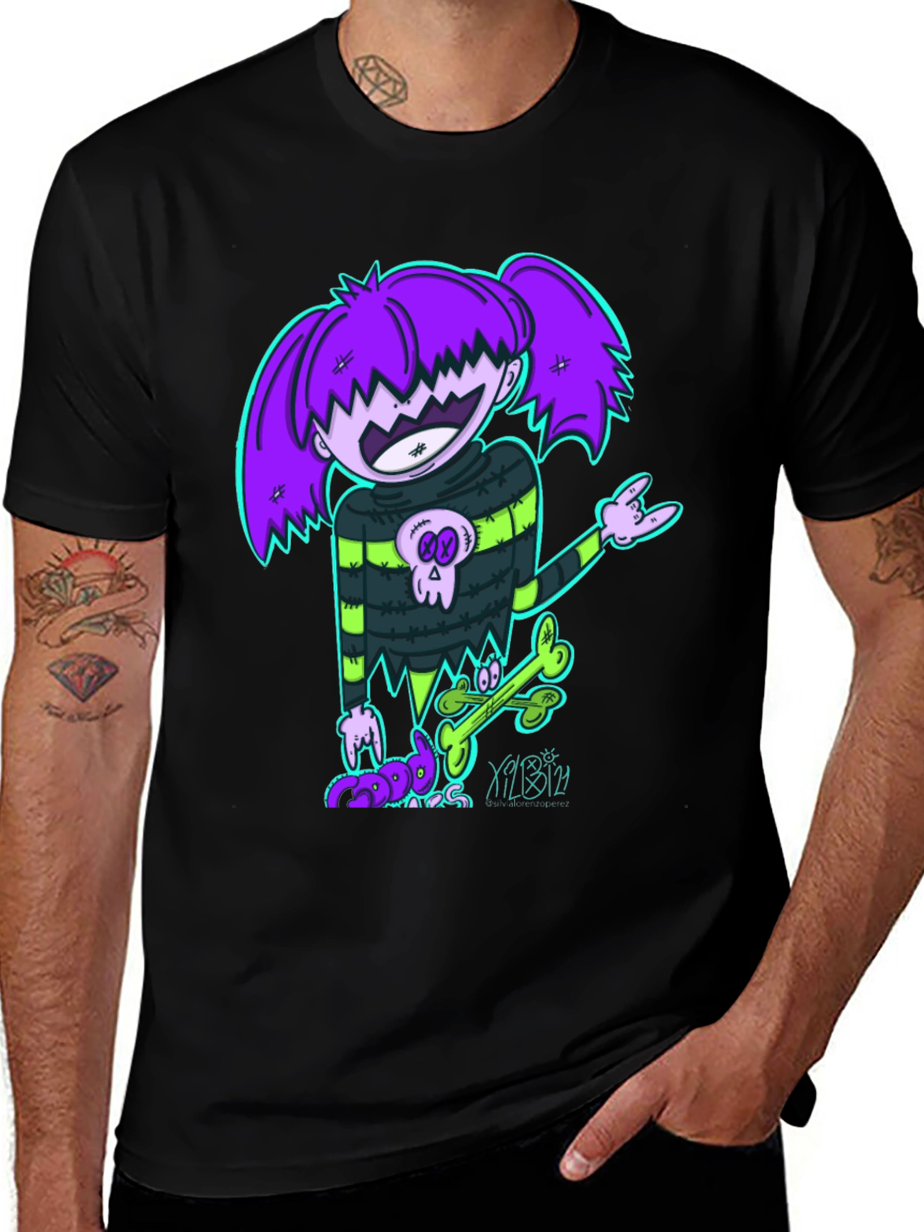 Variant 6 of Edgy Cartoon Girl Graphic Print Black T-Shirt
