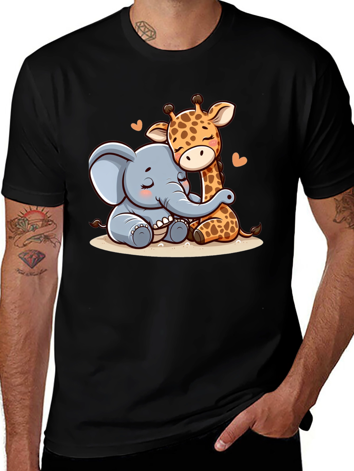 Variant 18 of Cute Elephant and Giraffe Hug Graphic Tee