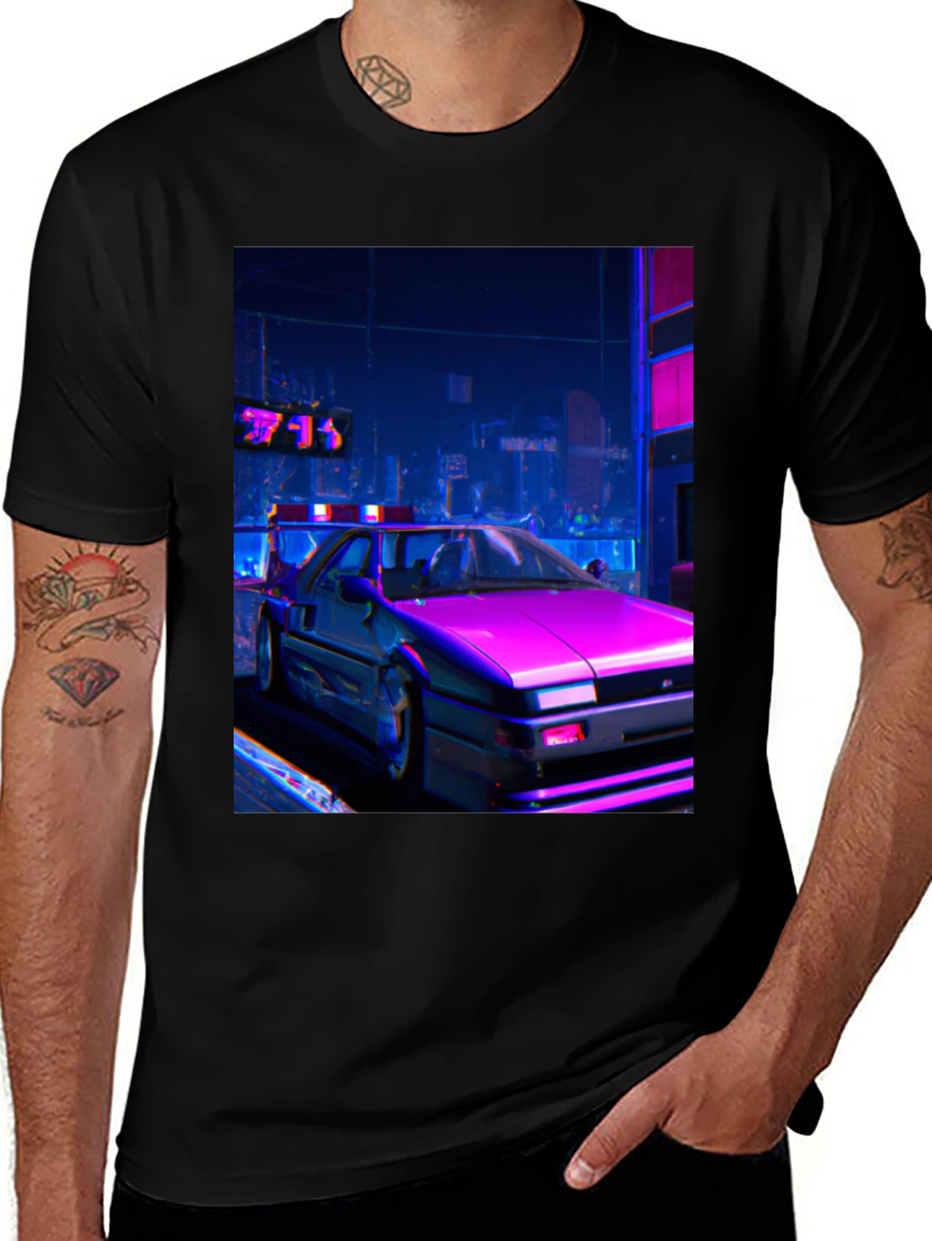 Variant 4 of Cyberpunk Car Graphic T-Shirt - Retro Cityscape Tee