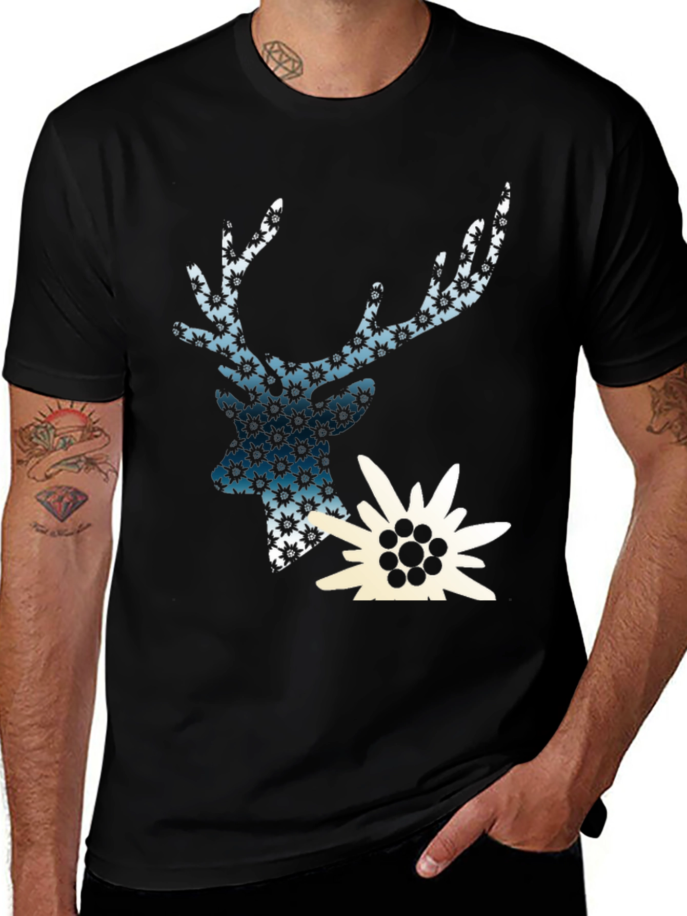 Variant 23 of Deer & Edelweiss Graphic Black T-Shirt