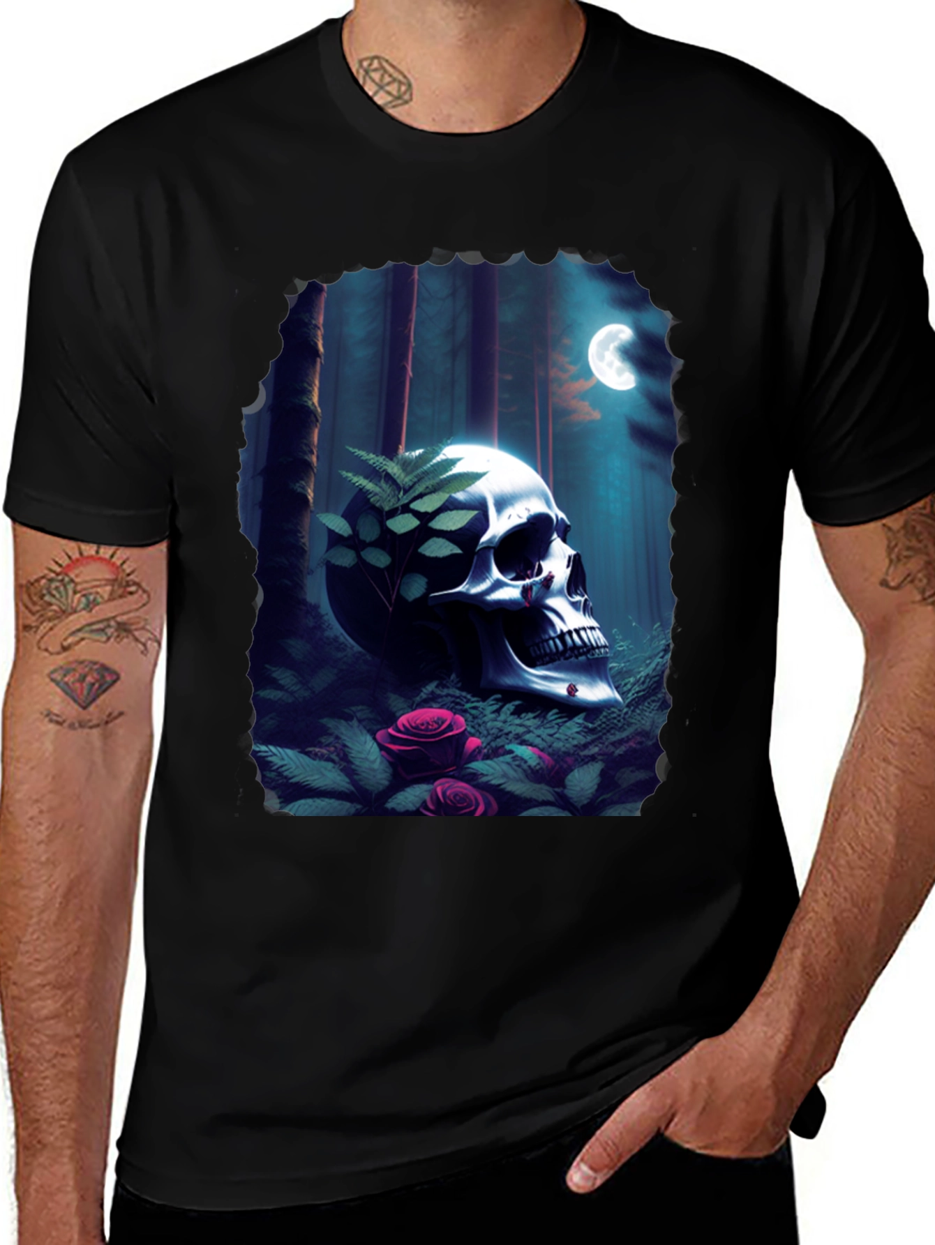 Variant 12 of Skull & Roses T-Shirt - Dark Forest Design