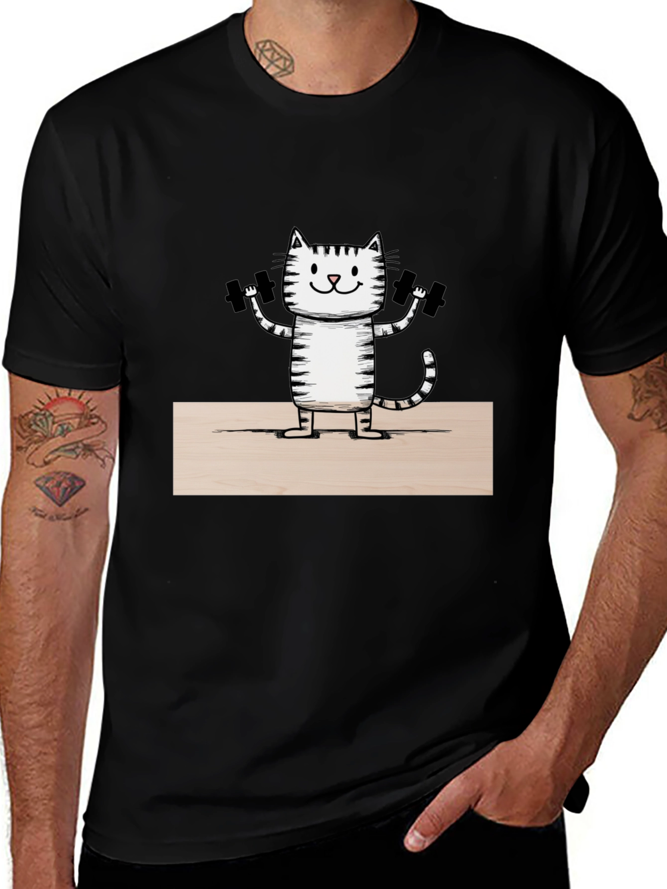 Variant 3 of Funny Cat Lifting Weights T-Shirt - Black