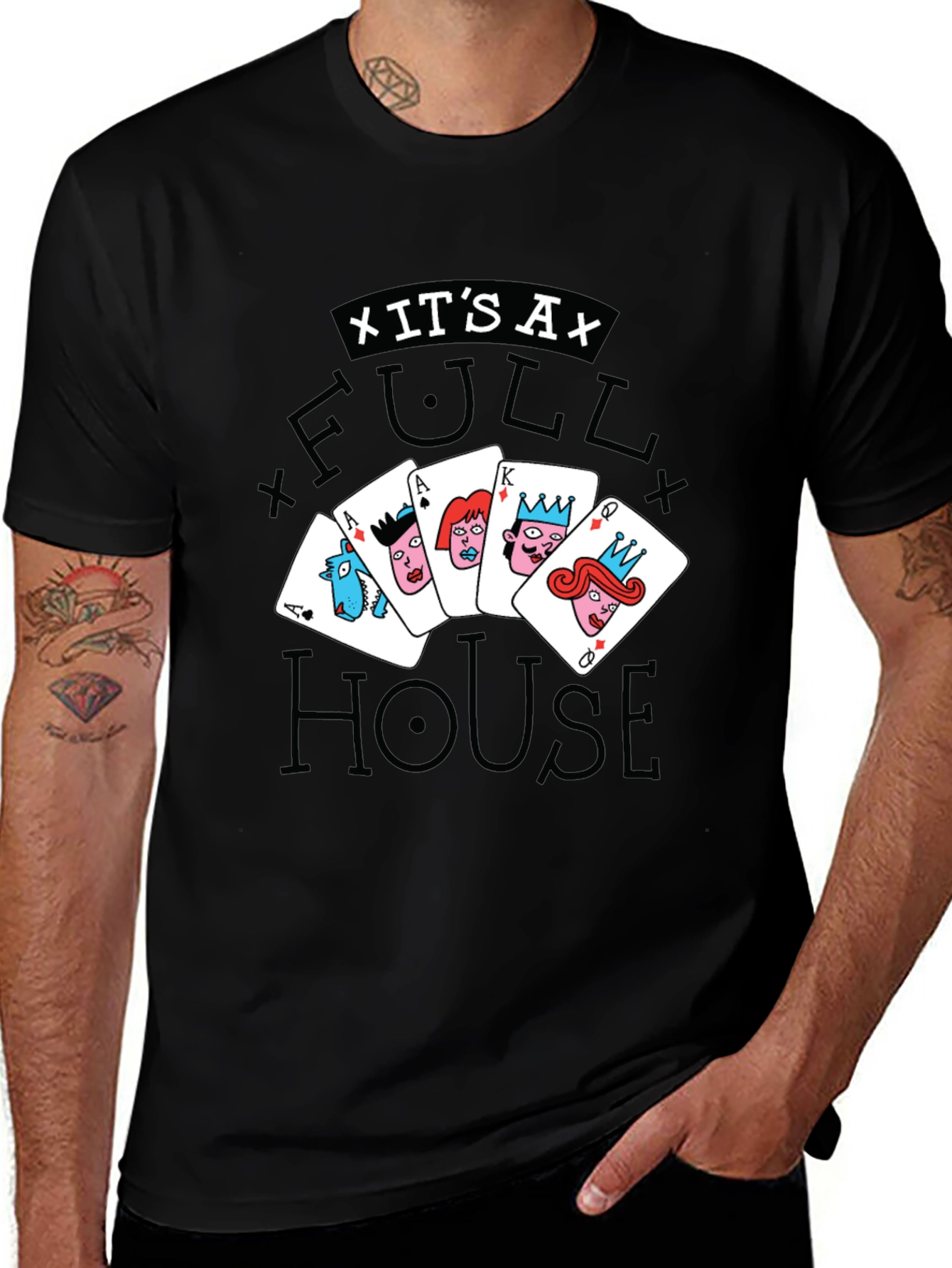 Variant 11 of Full House Playing Card Graphic Black T-Shirt
