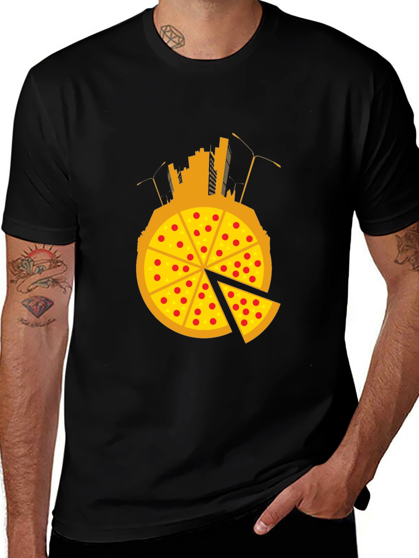 Variant 16 of Pizza City Graphic Tee - Black Crew Neck T-Shirt