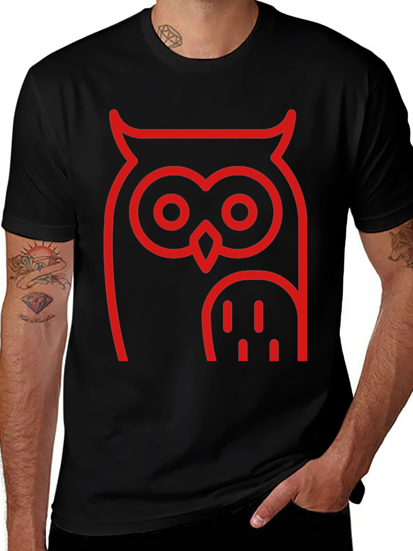 Red Owl Graphic Tee - Black Cotton Casual Shirt