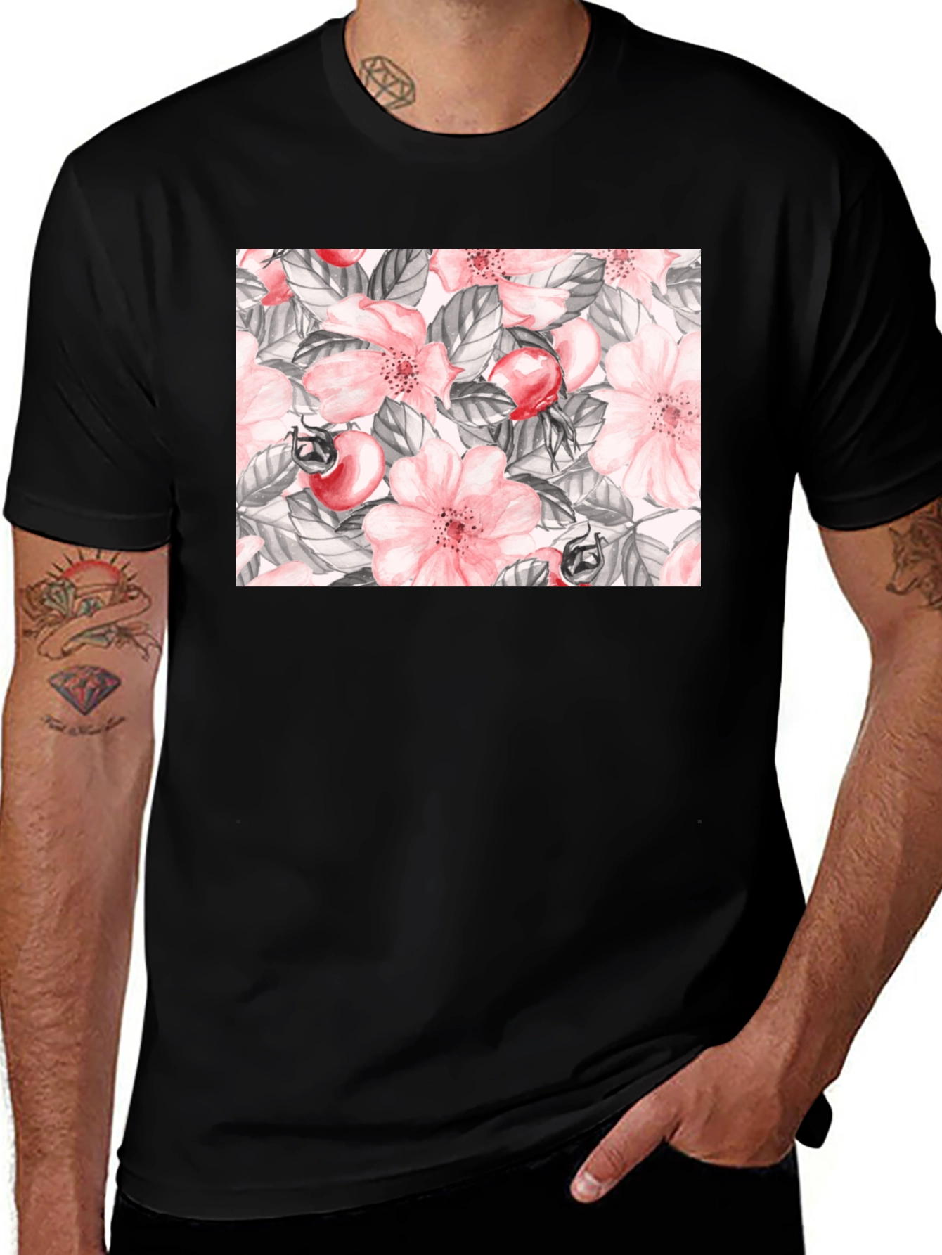 Variant 16 of Floral Rose Hip Print Black T-Shirt