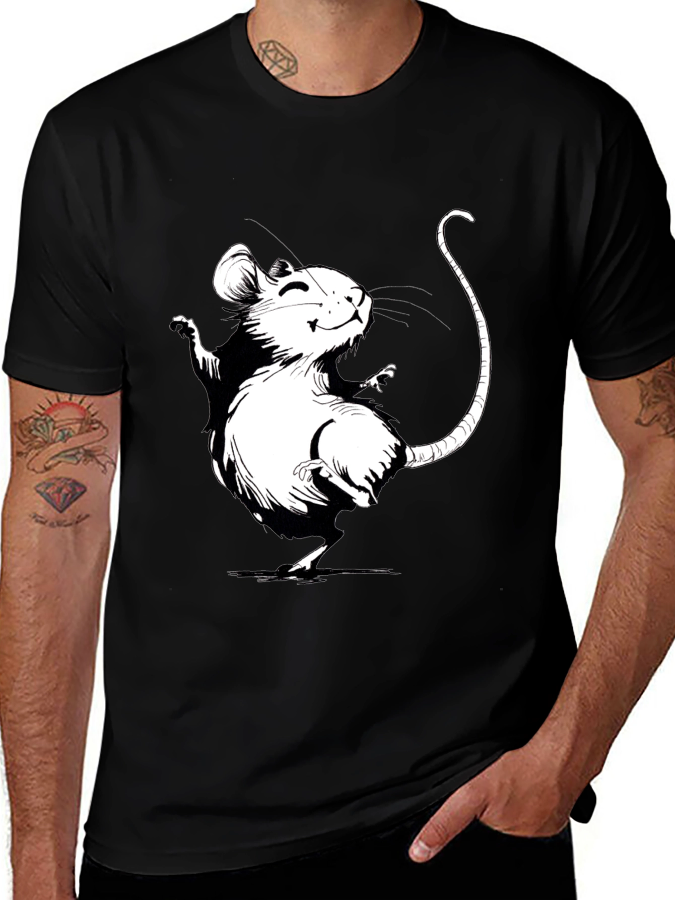 Variant 17 of Cartoon Mouse Graphic Tee - Black Cotton T-Shirt