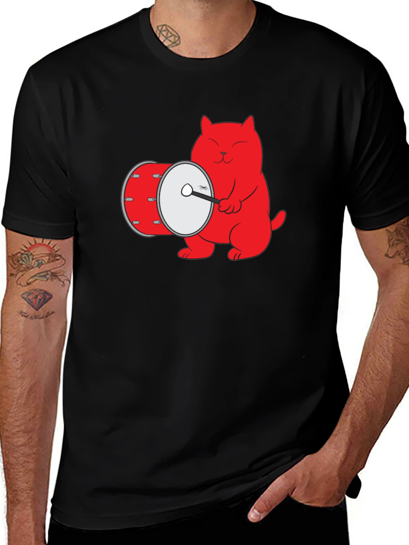 Variant 5 of Cool Cat Drummer Graphic Tee - Black Cotton T-Shirt