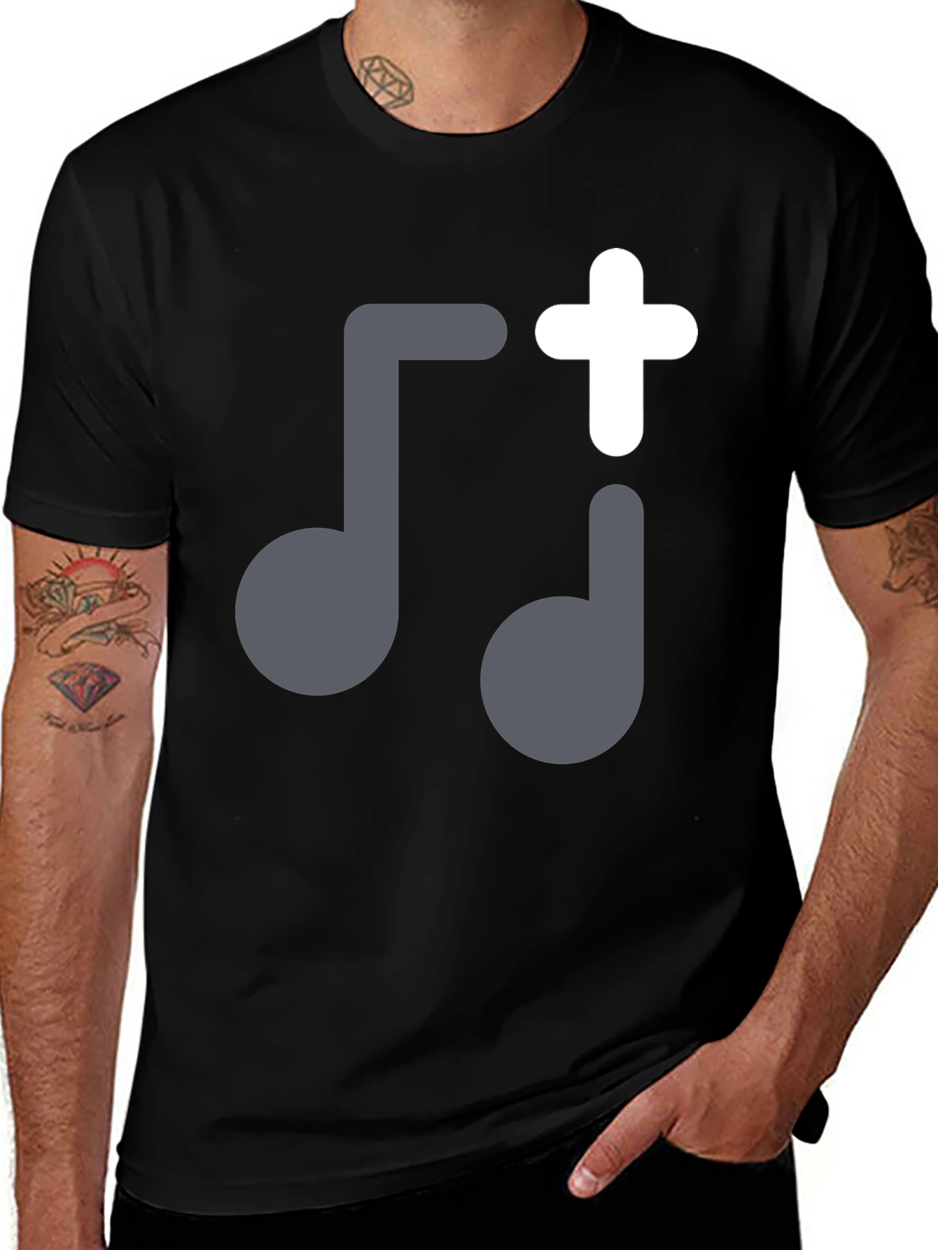 Variant 25 of Music Notes Plus Sign Graphic Black T-Shirt