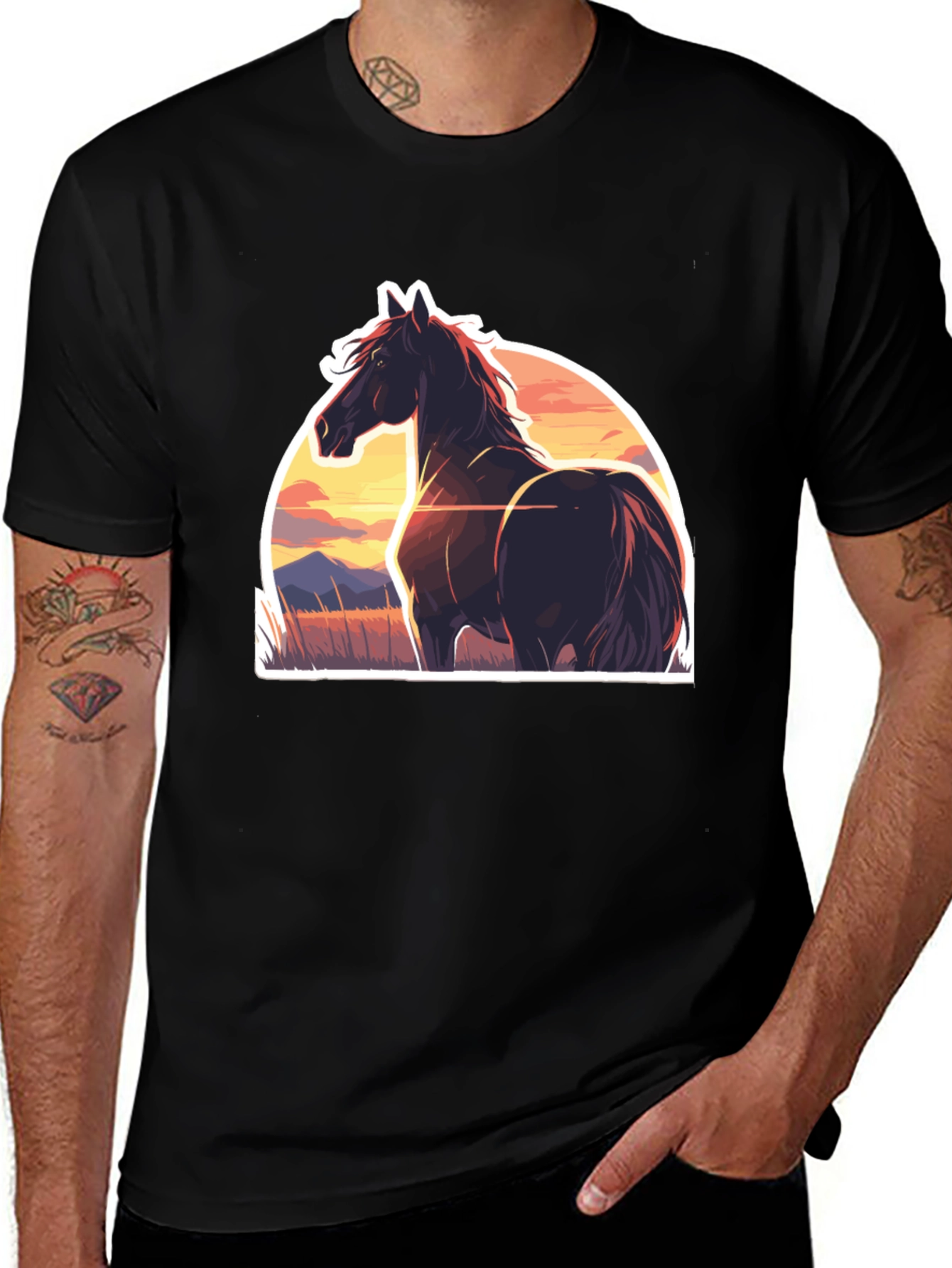 Variant 10 of Horse Sunset Graphic Tee - Stylish Black T-Shirt
