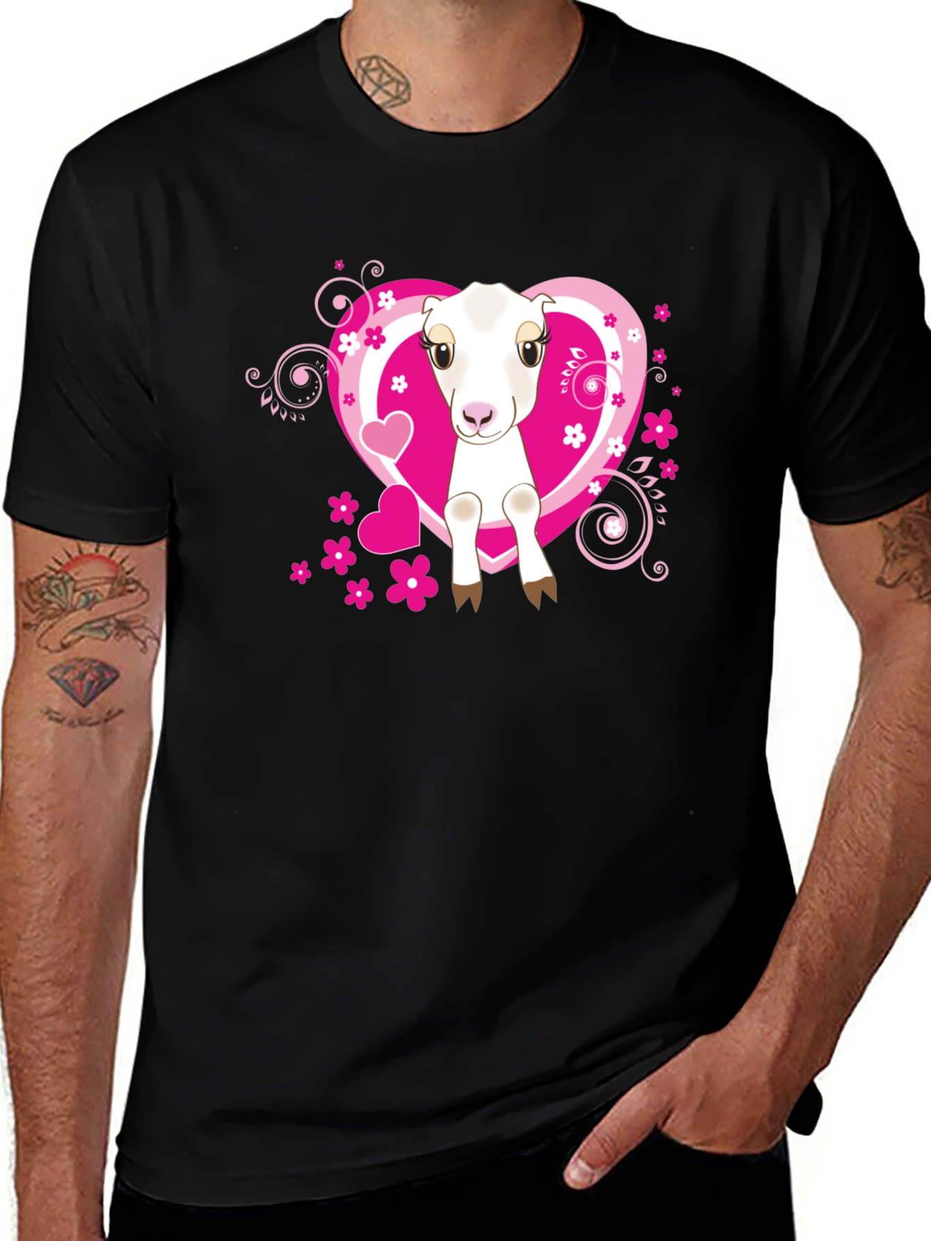 Variant 6 of Cute Goat & Hearts Graphic Tee - Black T-Shirt