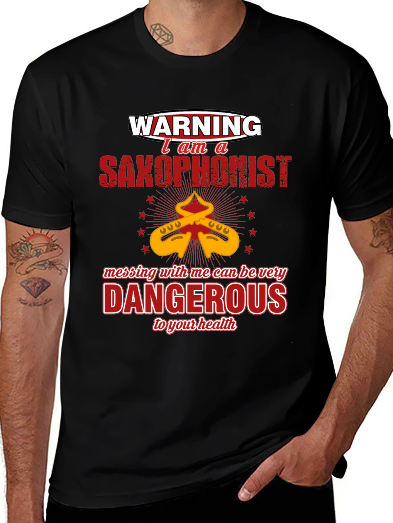 Variant 9 of Warning Saxophonist T-Shirt - Dangerous to your health!
