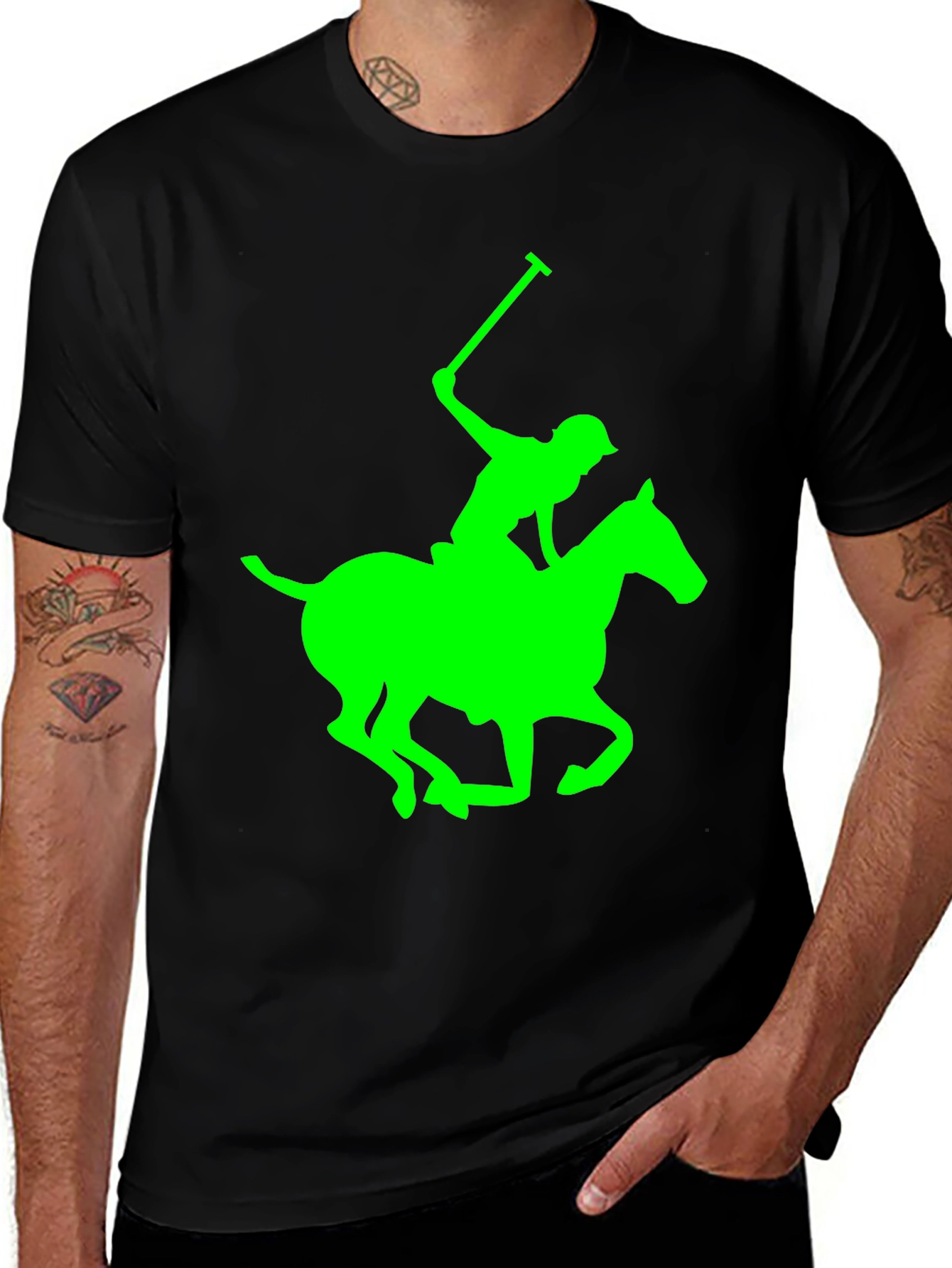 Variant 19 of Black Polo T-Shirt with Neon Green Horse and Rider Graphic