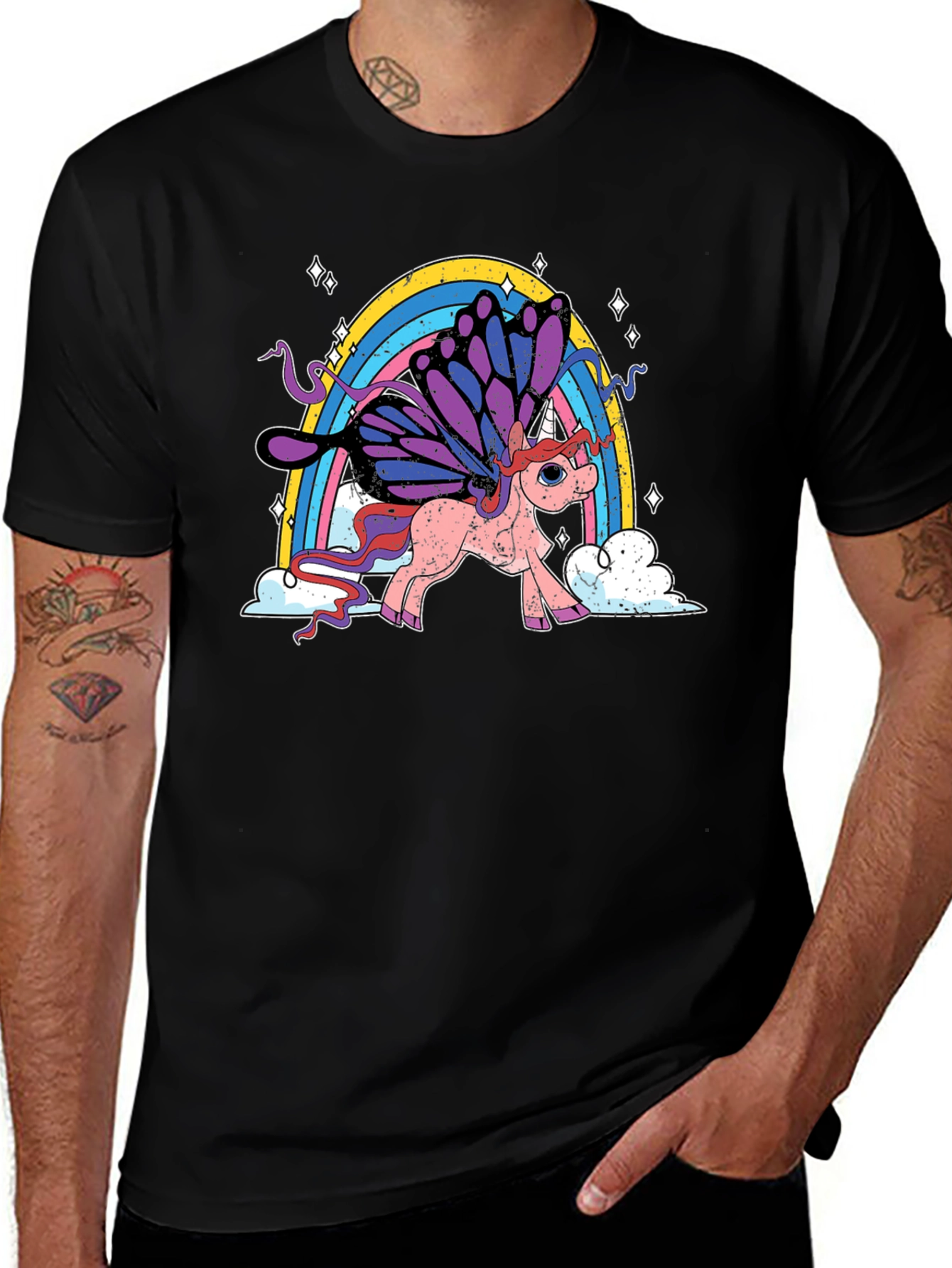 Black Unicorn Rainbow T-Shirt - Magical Butterfly Wings main image