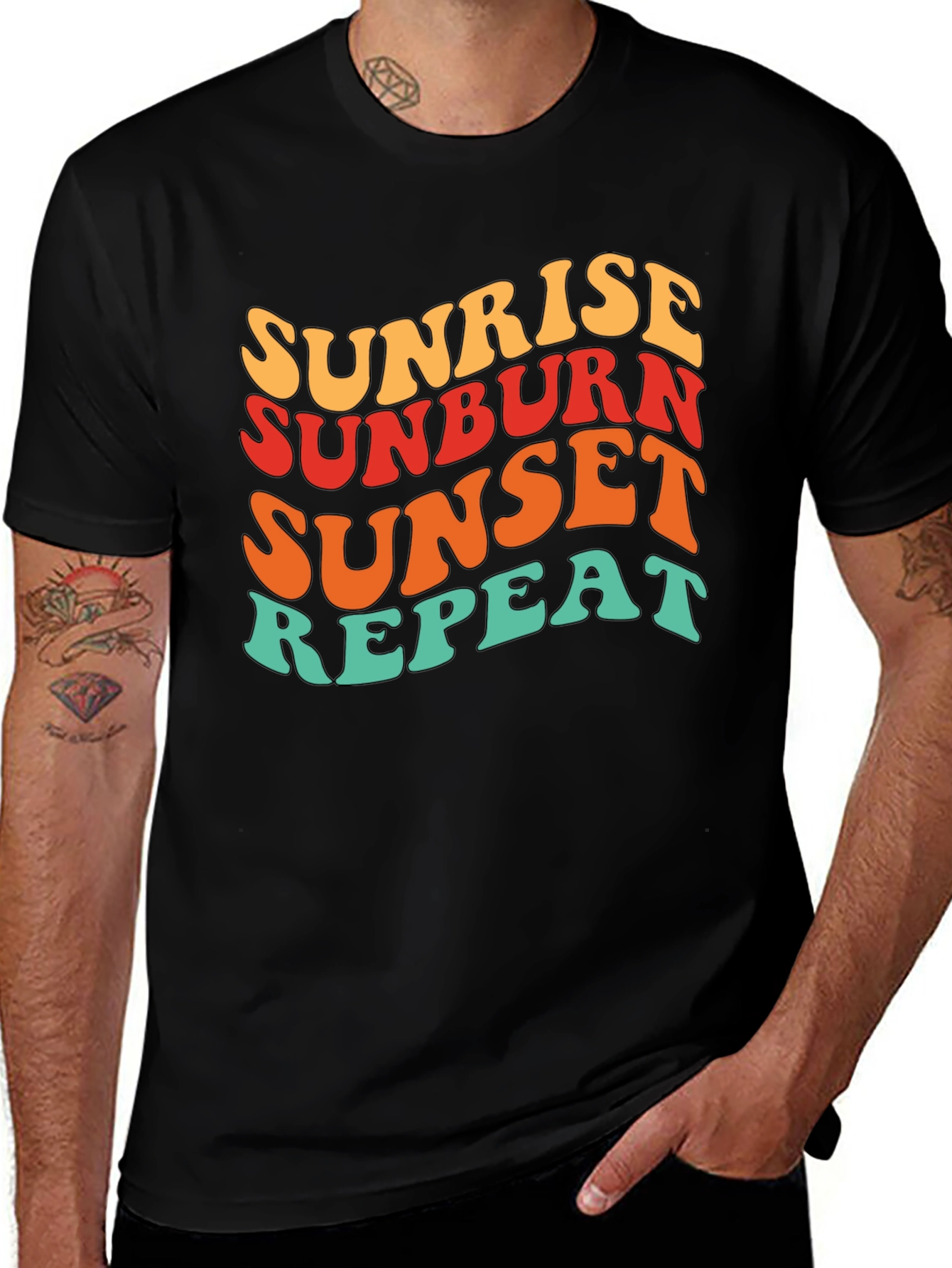 Variant 9 of Sunrise Sunburn Sunset Repeat Black Graphic Tee
