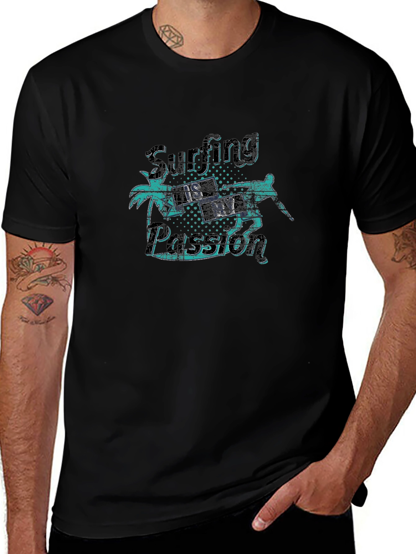Surfing is My Passion Black Graphic T-Shirt