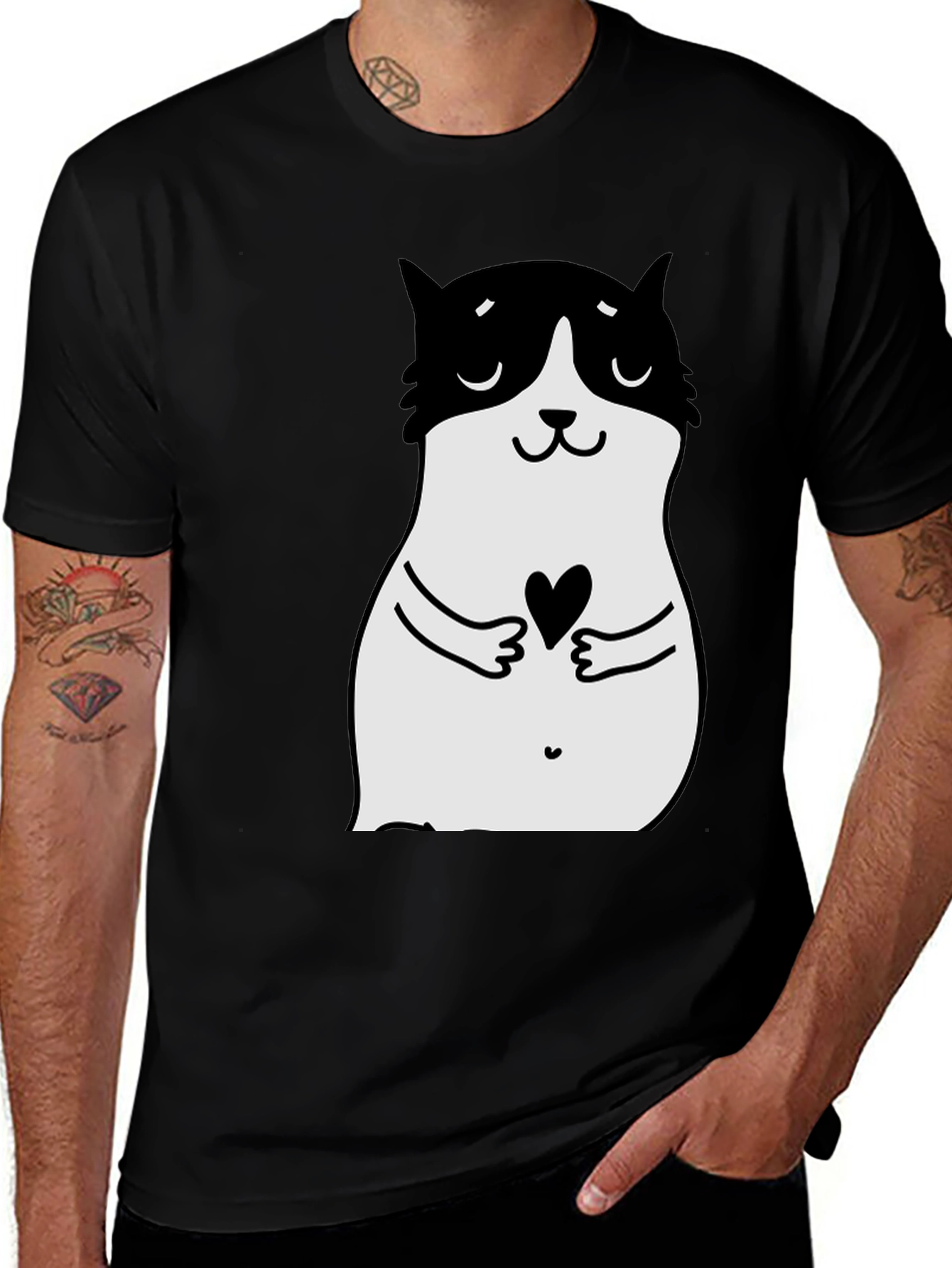 Variant 11 of Cute Cartoon Cat Heart Graphic Black T-Shirt