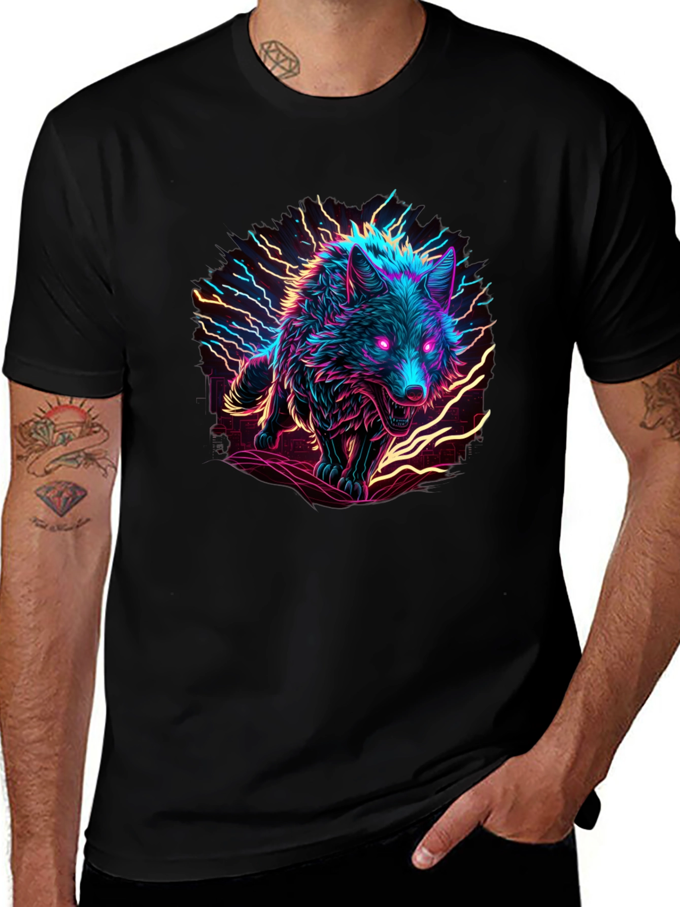 Variant 15 of Neon Wolf Graphic Tee - Men's Black T-Shirt