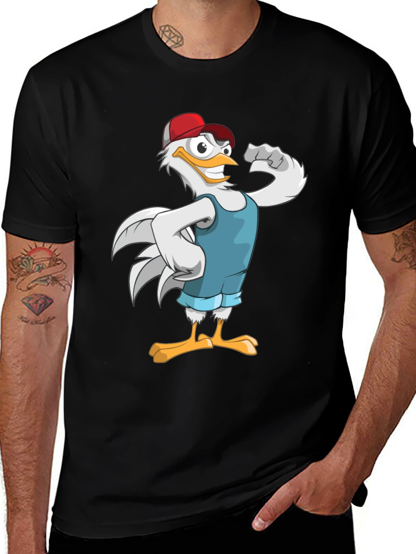 Funny Muscle Seagull Cartoon Black T-Shirt