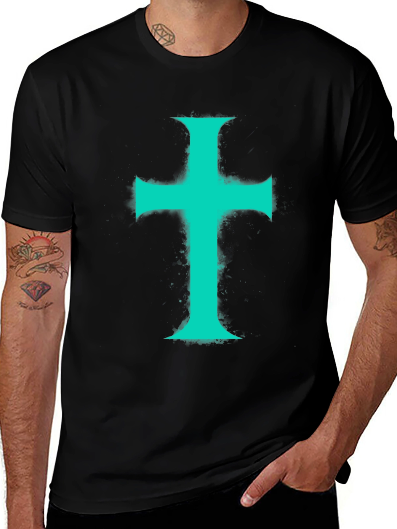 Variant 27 of Teal Cross Graphic Print Black T-Shirt
